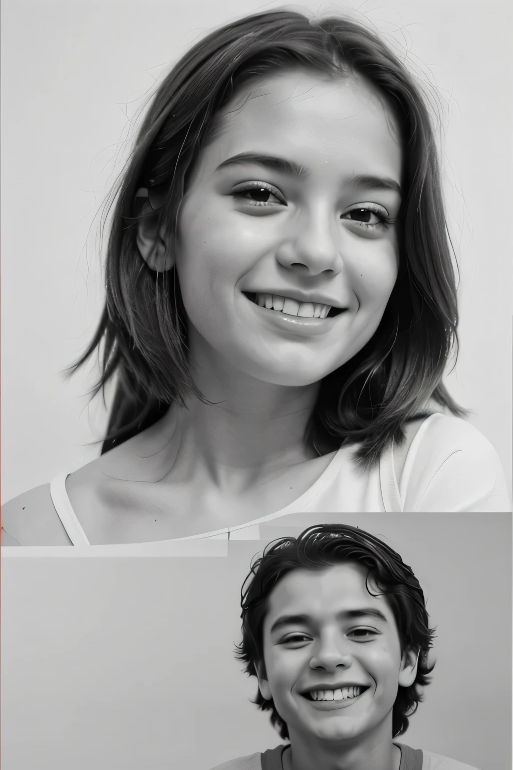 Pencil drawing white background of a happy boy and a sad girl.