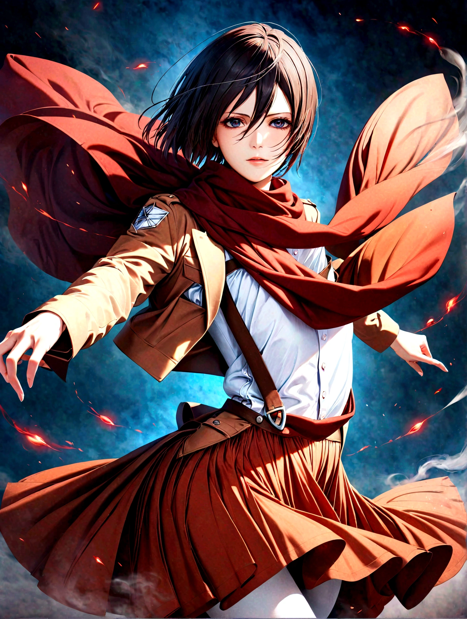 Mikasa ackerman, Red scarf, White shirt, Brown jacket、Mikasa dancing with her hair blowing in the wind, dynamic dance photography, Female dancer, Dramatic Magical Levitation Pose, Portrait of a combat dancer, Flowing fabric, inspired By Maciej Kučara, Sensual dance, By Maciej Kučara, Ballerina dancing in the smoke, By Fabien Charlot, A surprisingly young and mysterious person