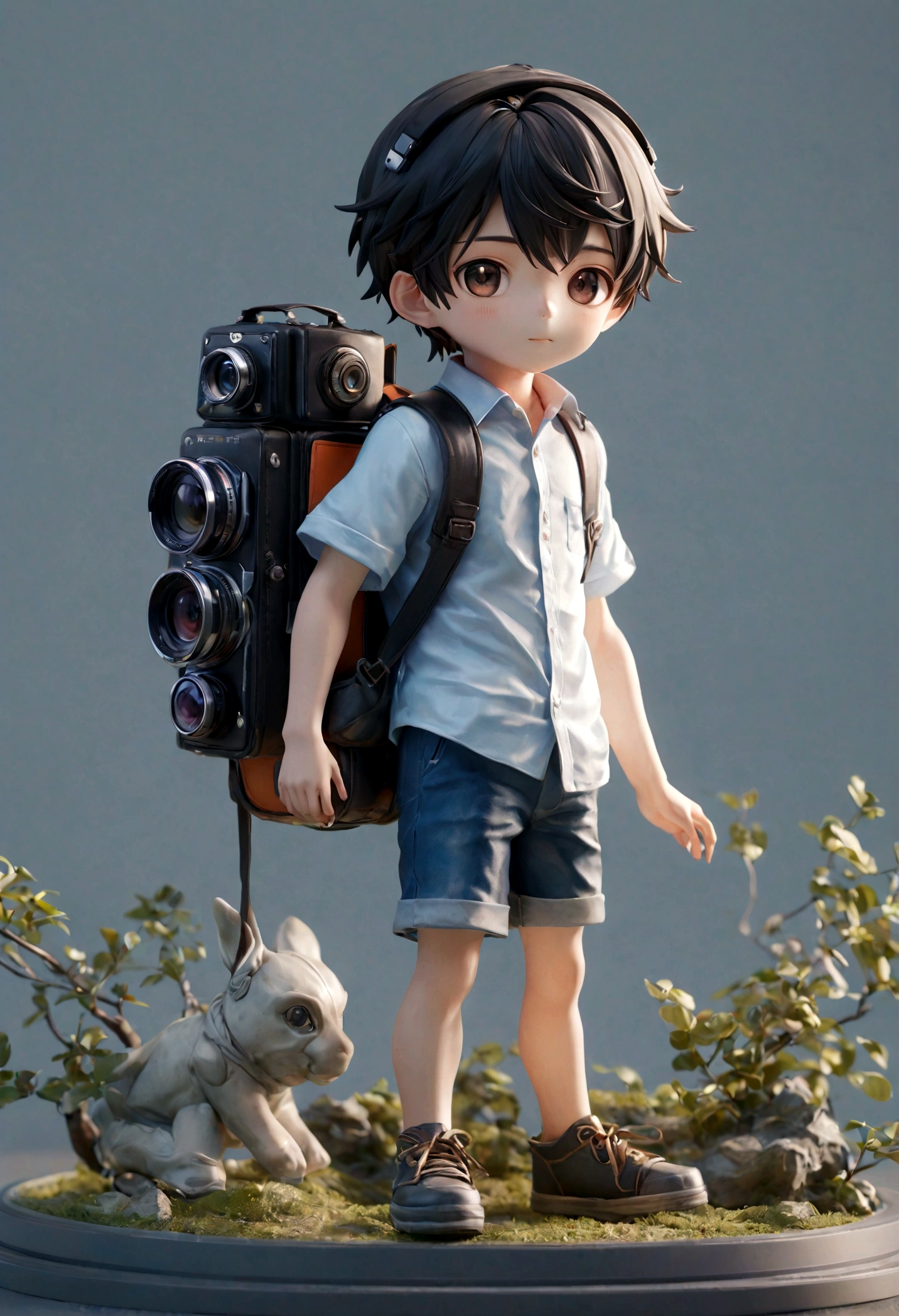 A chinese boy, With a headset, Wearing a shirt, camera, Carrying a camera backpack, full-body shot, 85mm lens, Ultra-high-definition picture quality, ue5 render, Ray Tracing, high detail, blind box toy style, UHD, super detail, high details, high quality