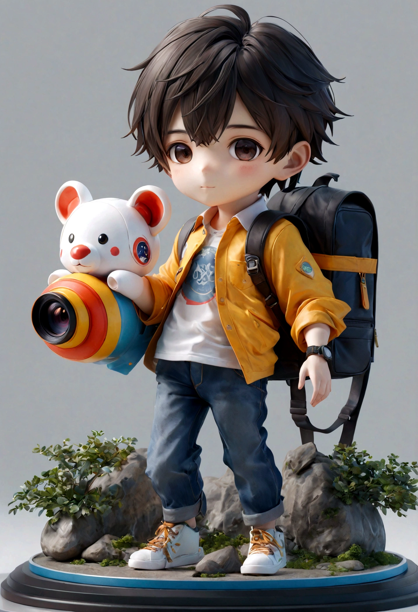 A chinese boy, With a headset, Wearing a shirt, camera, Carrying a camera backpack, full-body shot, 85mm lens, Ultra-high-definition picture quality, ue5 render, Ray Tracing, high detail, blind box toy style, UHD, super detail, high details, high quality