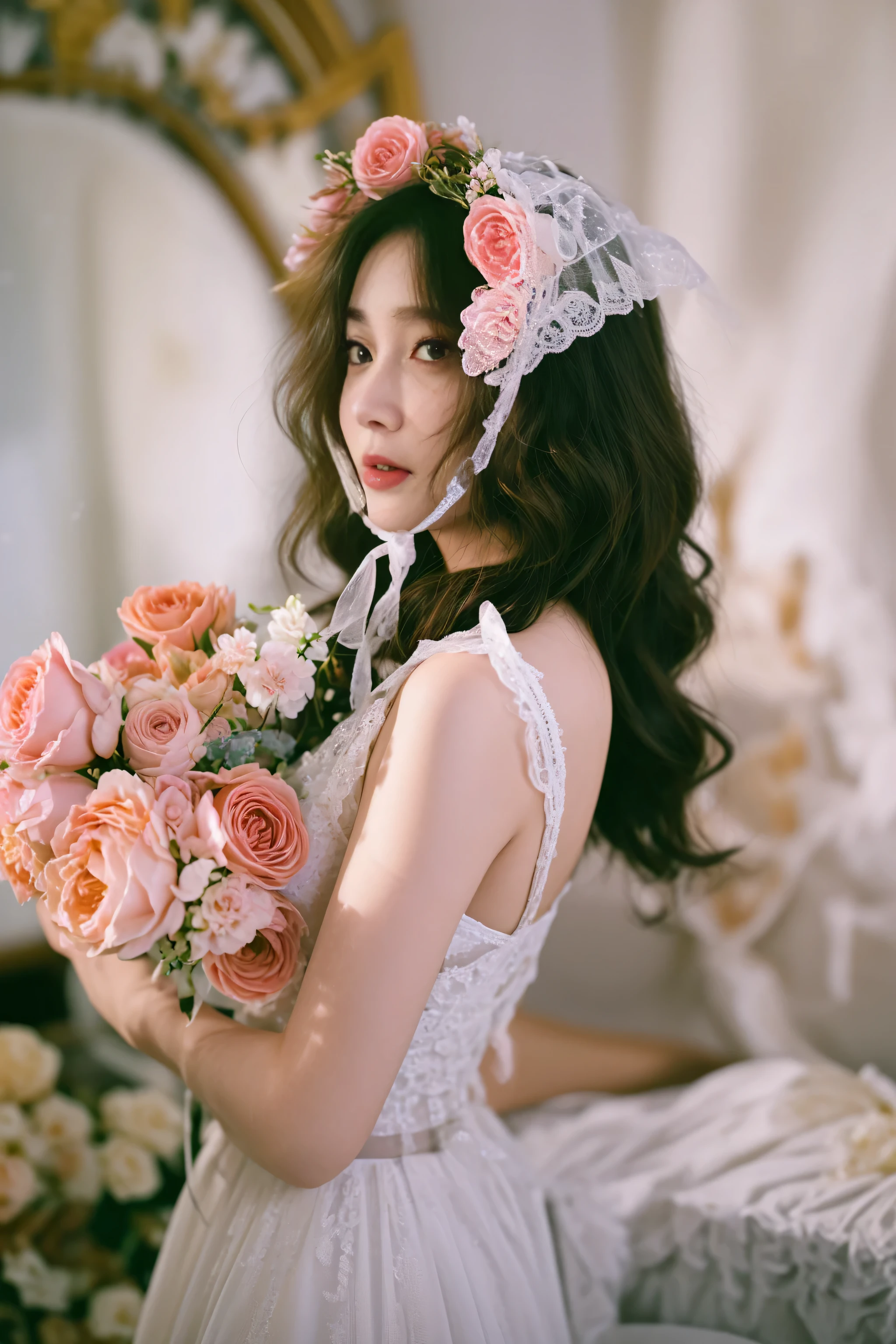 there is a woman in a white dress holding a bouquet of flowers, with flowers, crown of mechanical peach roses, fairycore, captured on canon eos r 6, in romantic style, wearing a flower headpiece, flower goddess, with frozen flowers around her, retro vintage and romanticism, holding flowers, belle delphine, guweiz, flower queen, ulzzang