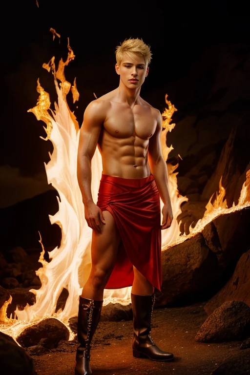 A god of fire, a young man of the fire element at 18 years old, with blond hair that embodies youthful beauty and divine charm. He is to be described in a subjective and ethereal manner, wearing light and translucent garments that accentuate his form suggestively. He wears a revealing side-slit skirt made of lightweight red fabric, along with metal and leather boots. His chest is suggestively exposed, legs revealed, with hair at the groin, embodying the element of lava. He stands in high resolution, displaying his entire body.