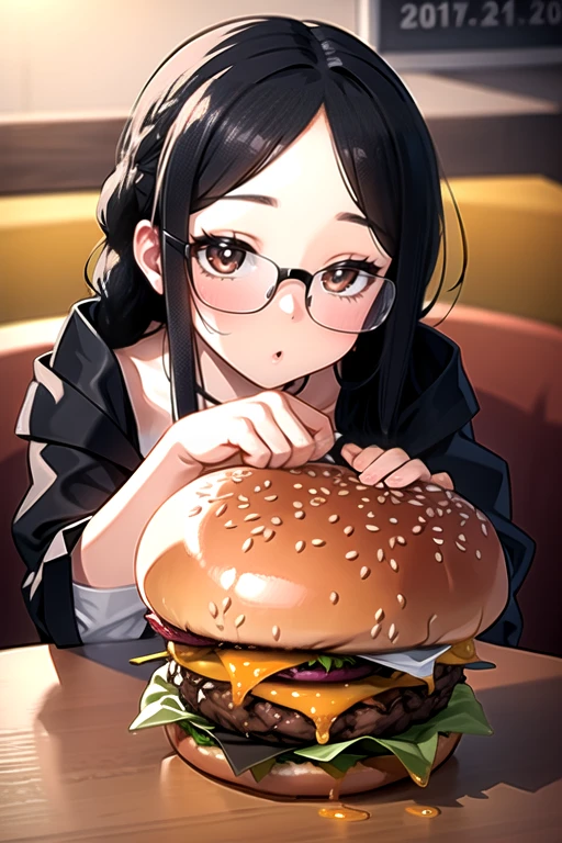 masterpiece, best quality, 1girl, long hair, glasses, burger, bored, braid,