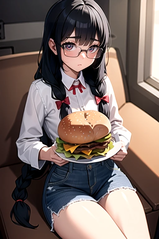 masterpiece, best quality, 1girl, long hair, glasses, burger, bored, braid,