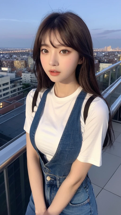 Face hinata ((Midnight, Best quality, 8k, Masterpiece :1.3)), Whole body, Long legs, Sharp focus :1.2, A pretty woman with perfect figure :1.4, Slender abs :1.1, ((Dark brown hair, Big breasts :1.2)), (White tight tshirt, Jean bib, Standing:1.2), ((Night city view, Rooftop:1.3)), Highly detailed face and skin texture, Detailed eyes, Double eyelid