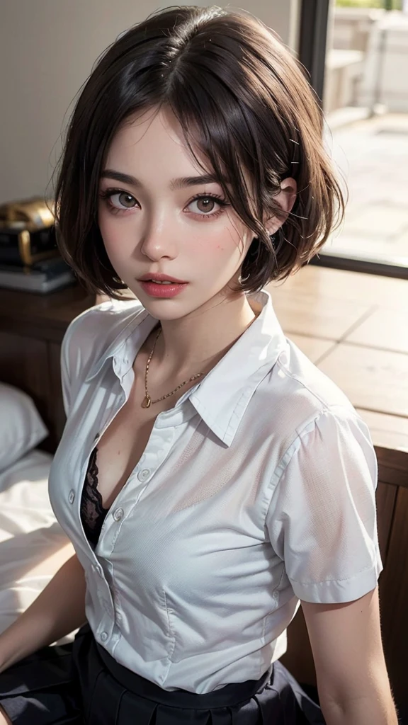 (highest quality, masterpiece:1.3), shape, ((Beautifully detailed face)), beautifully detailed skin, Intricate details, Very detailed, Best image quality in 8K, The true picture () (18 year old high school girl:uniform,White short sleeve shirt,Pleated skirt,Black Lingerie,Showing off your bra) (Small breasts), ,Japanese Girls,One Girl,Baby Face,(Detailed Hair,Bobcut,Black Hair),Detailed lips,Open your mouth,(Lying in bed,Sleep on your back:1.2,Top View),blush,Embarrassing,Realistic Face,Realistic Skin,(sexy:1.8,Clothes are disheveled,All the buttons on the shirt are undone),(Vibrant Skin,Moisturized Skin:1.2),Vivid lips,Lip gloss