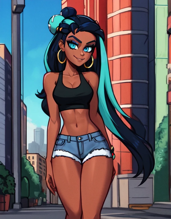 masterpiece, best quality, highly detailed, 12k hdr, (Detailed face:1.2), (Detailed eyes:1.2), 1girl, solo, nessacasual, dark-skinned female, dark skin, blue eyes, aqua eyes, long hair, black hair, blue hair, aqua hair, multicolored hair, two-tone hair, hair bun, single hair bun, eyeshadow, slim feminine figure, medium breasts, arrogant smile, opened blue jacket, black tank-top, ((midriff)), cleavage, denim short-shorts, white high-heels, hoop earrings, cowboy shot, full body, cinematic composition, outdoors, city street

