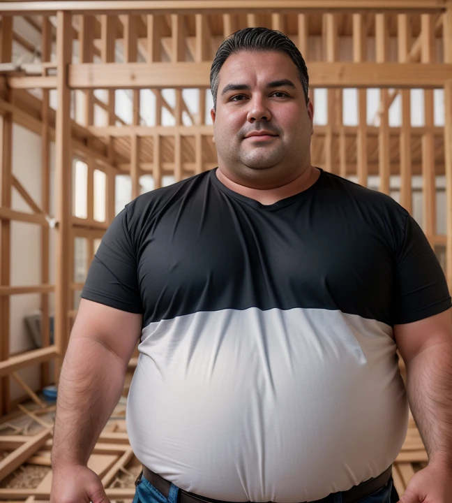 1 chubby man with , gesturing with hands, conversando com o expectador, ((he is a construction worker he is working in construction)). fotografia de Corpo completo imagem de corpo inteiro , ele trabalha de encanador, ele trabalha de pedreiro, ele trabalha de eletricista, he works as a metalworker.