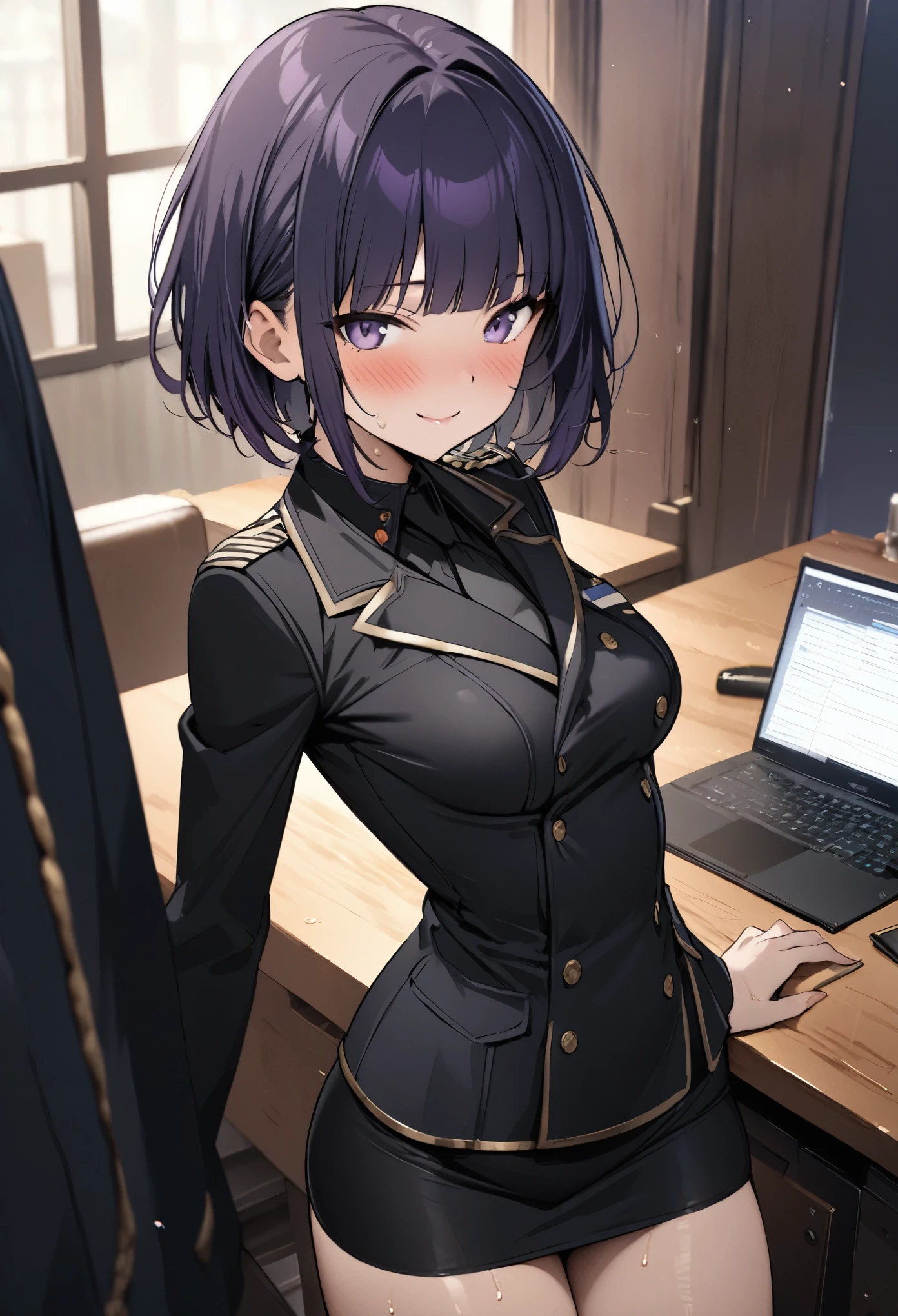 (((masterpiece, highest quality:1.3))),cowboy shot,20 year old beauty,female soldier, ((Navy officer in black uniform、Blazer jacket、Black tight mini skirt)),solo,((very small head)),dark purple hair,short bob hair,blunt bangs,purple eyes,blush,smile,medium breasts,((very long body,slender body)),skinny,gleaming skin,oily skin,sweat,sitting、conference room、、taisho steampunk、Tokyo in the Taisho era、