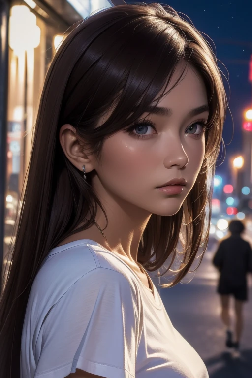 (Best quality, High resolution, Masterpiece :1.3), A pretty woman, Slender figure, Dark brown hair, T-shirt, (Street in city at night), Highly detailed face and skin texture, Detailed eyes, Double eyelid