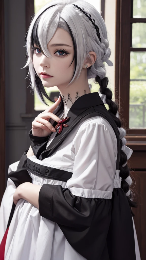Special clothing 39，Maid，Midway Portrait，Best quality：1.4，Reality：1.4，Skin Texture：1.4，masterpiece：1.8，1 woman，Hips，beautiful eyes，White hair，Black Hair，Colorful Hair，short hair，Straight Hair，White hair long braid，Glowing red eyes，Red X pupil（focus), Jewelry，Tattoo，