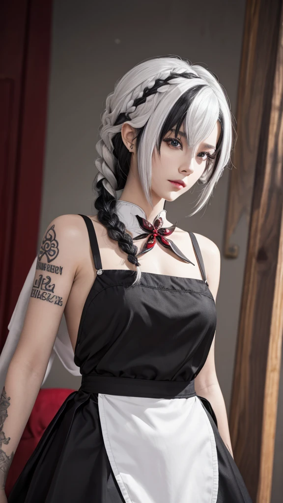 Special clothing 39,Maid,Midway Portrait,Best quality:1.4,Reality:1.4,Skin Texture:1.4,masterpiece:1.8,1 woman,Hips,beautiful eyes,White hair,Black Hair,Colorful Hair,short hair,Straight Hair,White hair long braid,Glowing red eyes,Red X pupil(focus), Jewelry,Tattoo,