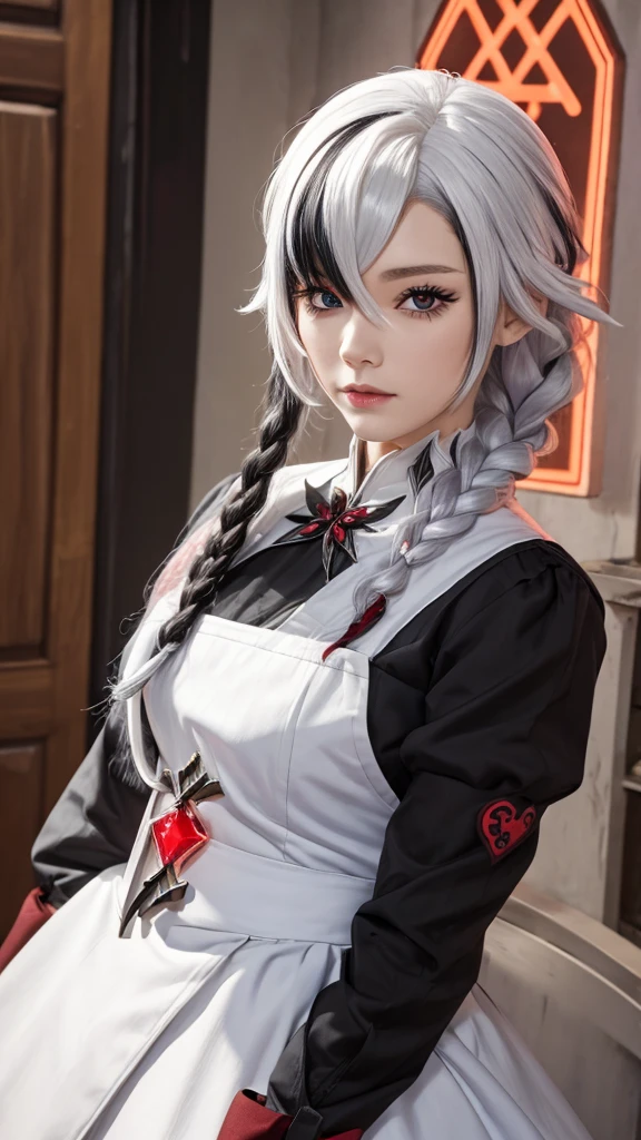 Special clothing 39,Maid,Midway Portrait,Best quality:1.4,Reality:1.4,Skin Texture:1.4,masterpiece:1.8,1 woman,Hips,beautiful eyes,White hair,Black Hair,Colorful Hair,short hair,Straight Hair,White hair long braid,Glowing red eyes,Red X pupil(focus), Jewelry,Tattoo,