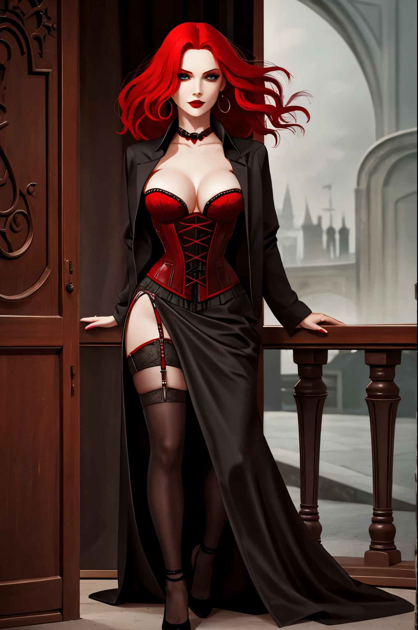 red hair, vampire, corset, long leg slit, skirt