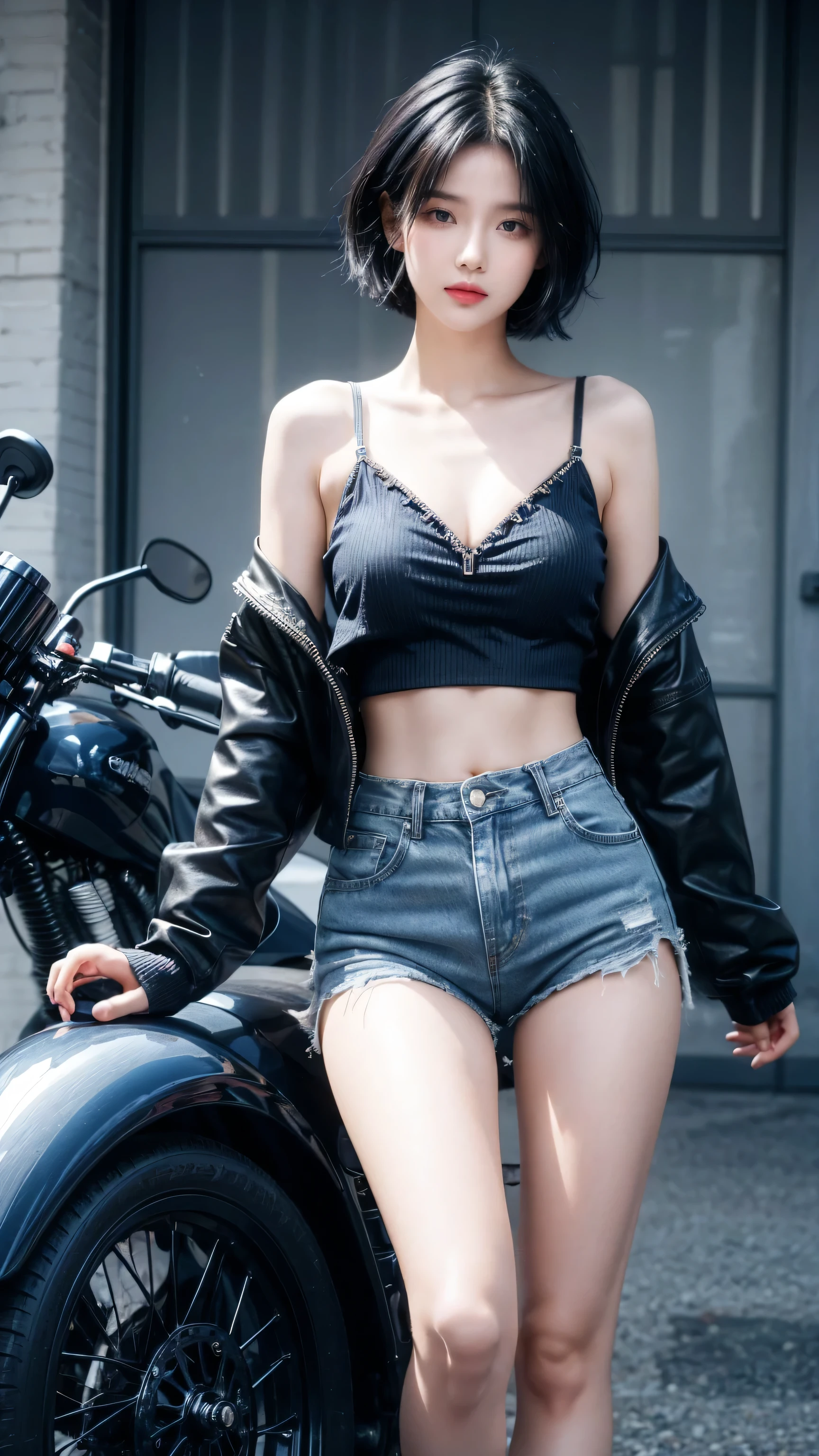 best quality, 1 Girl, dark blue hair, black eyes, Very short hair, Spiky hair, Crop Top Drape, , High waist short jeans, 171 cm, Messy hair, Hair between the eyes, Medium breasts, full, Tomboy, aldult, 20 years old, 1 Girl near blue motorcycle