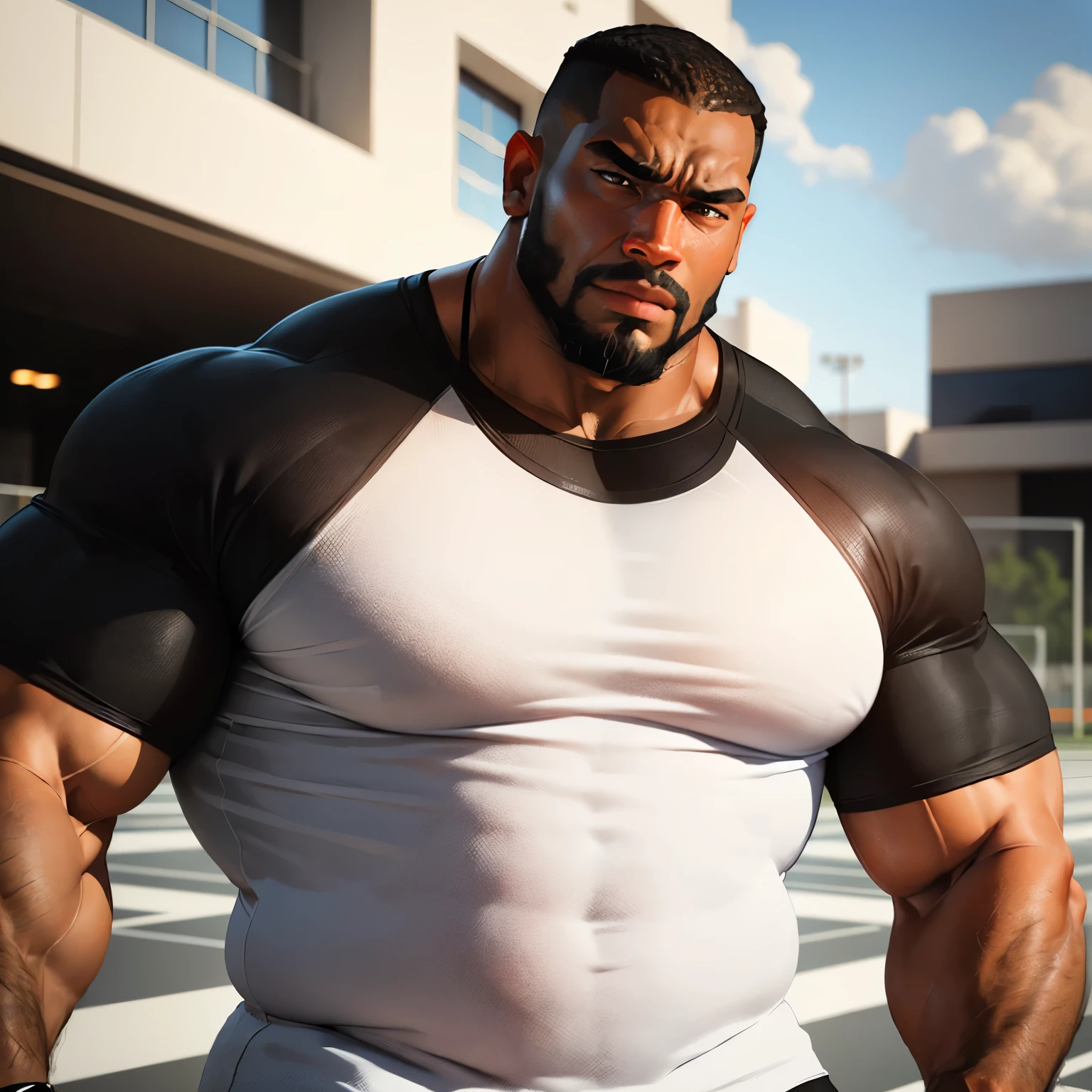 an exaggeratedly muscular and large bodyguard, beefy build, beard, dark-skinned african american male, buzzcut hair with square line, (confused expression: 1.2), (wearing black and white raglan shirt: 1.2), (bara pecs: 1.3), beefy pecs, (arm and chest hair: 1.2), portrait HD, (outdoor track field)