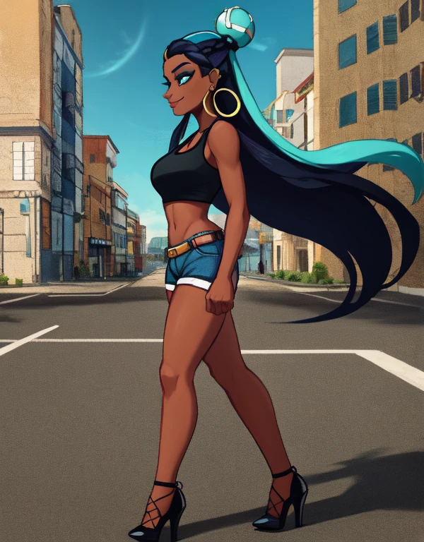 masterpiece, best quality, highly detailed, 12k hdr, (Detailed face:1.2), (Detailed eyes:1.2), 1girl, solo, nessacasual, dark-skinned female, dark skin, aqua eyes, long hair, black hair, blue hair, aqua hair, multicolored hair, two-tone hair, hair bun, single hair bun, eyeshadow, slim feminine figure, medium breasts, arrogant smile, opened blue jacket, black tank-top, ((midriff)), cleavage, denim short-shorts, white high-heels, hoop earrings, walking, arms to the side, cowboy shot, full body, cinematic composition, outdoors, city street