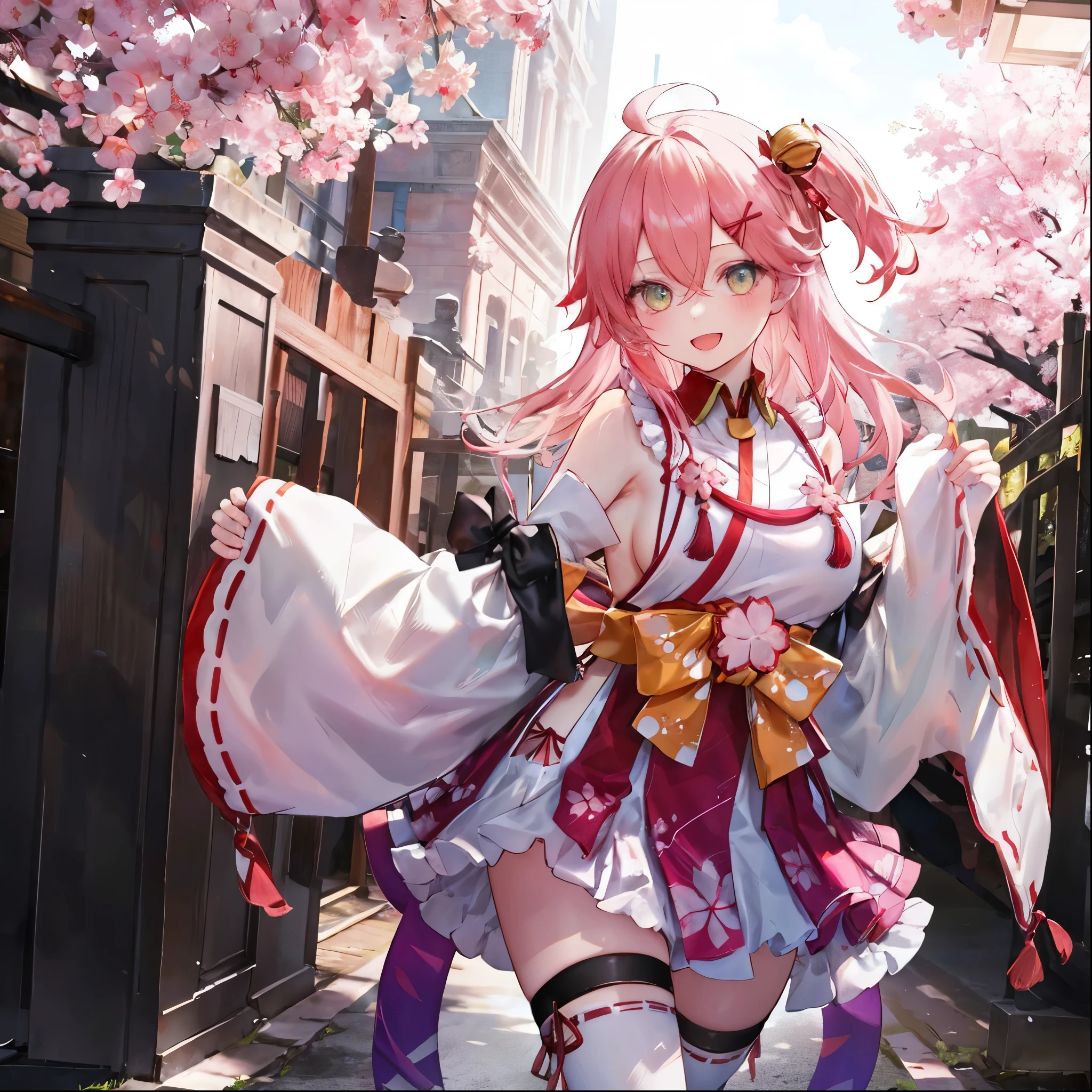 masterpiece, best quality, highres, miko1, sakura_miko, 1girl, big_boobs, solo, ahoge, x_hair_ornament, pink_hair, floral print, hairclip,(side_less_clothes:1.5), (side_boobs:1.5), hair_bell, floral print, long_hair, hair between eyes, one side up, white thighhighs, asymmetrical legwear, wide sleeves, open_mouth,(happy:1.3),gleen_eyes,big_smile,(rise_leg:1.3),plump,apart_legs,(overly_long_sleeves:1.3),),sleeves_past_wrists,hands_hidden_sleeves,sidelock_clothes,dynamic_posing,solo,hidden_wrists,(XD:1.4),covered_nipples,sunlight,cherryblossom_background,