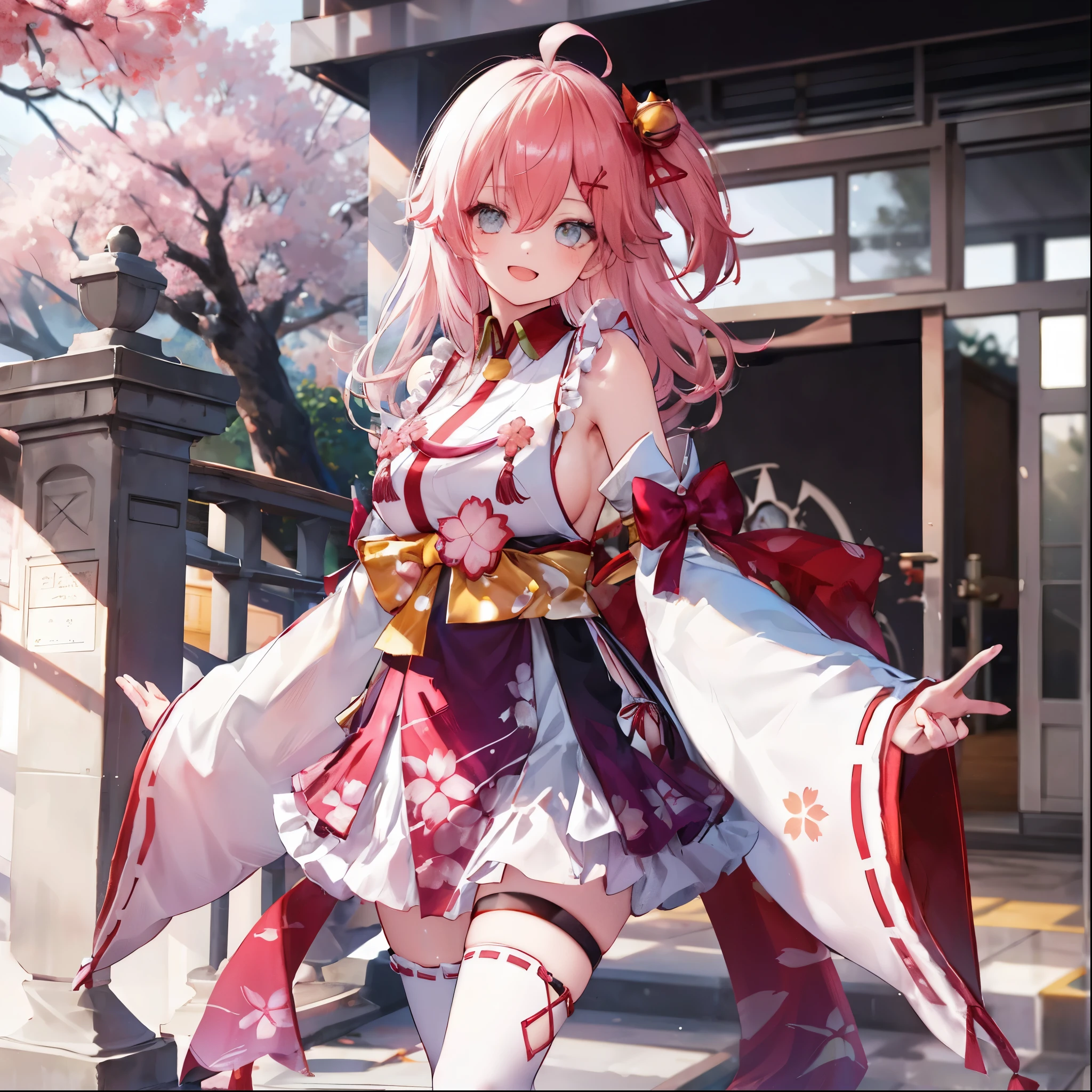 masterpiece, best quality, highres, miko1, sakura_miko, 1girl, big_boobs, solo, ahoge, x_hair_ornament, pink_hair, floral print, hairclip,(side_less_clothes:1.5), (side_boobs:1.5), hair_bell, floral print, long_hair, hair between eyes, one side up, white thighhighs, asymmetrical legwear, wide sleeves, open_mouth,(happy:1.3),gleen_eyes,big_smile,(rise_leg:1.3),plump,apart_legs,(overly_long_sleeves:1.3),),sleeves_past_wrists,hands_hidden_sleeves,sidelock_clothes,dynamic_posing,solo,hidden_wrists,(XD:1.4),covered_nipples,sunlight,cherryblossom_background,