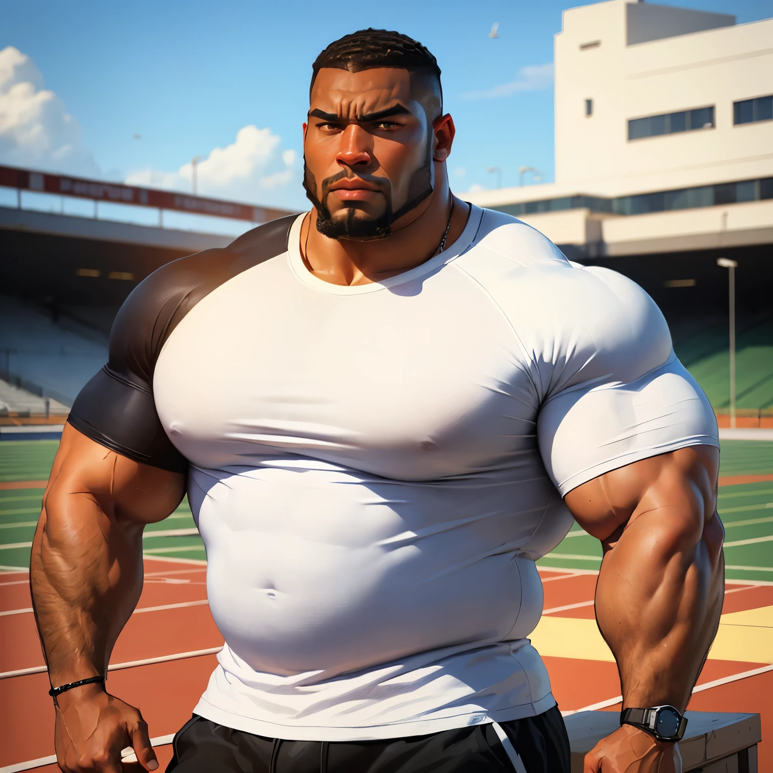 an exaggeratedly muscular and large bodyguard, beefy build, beard, dark-skinned african american male, buzzcut hair with square line, (confused expression: 1.2), (wearing white raglan shirt: 1.2), (bara pecs: 1.3), beefy pecs, (arm and  hair: 1.2), portrait HD, (outdoor track field)