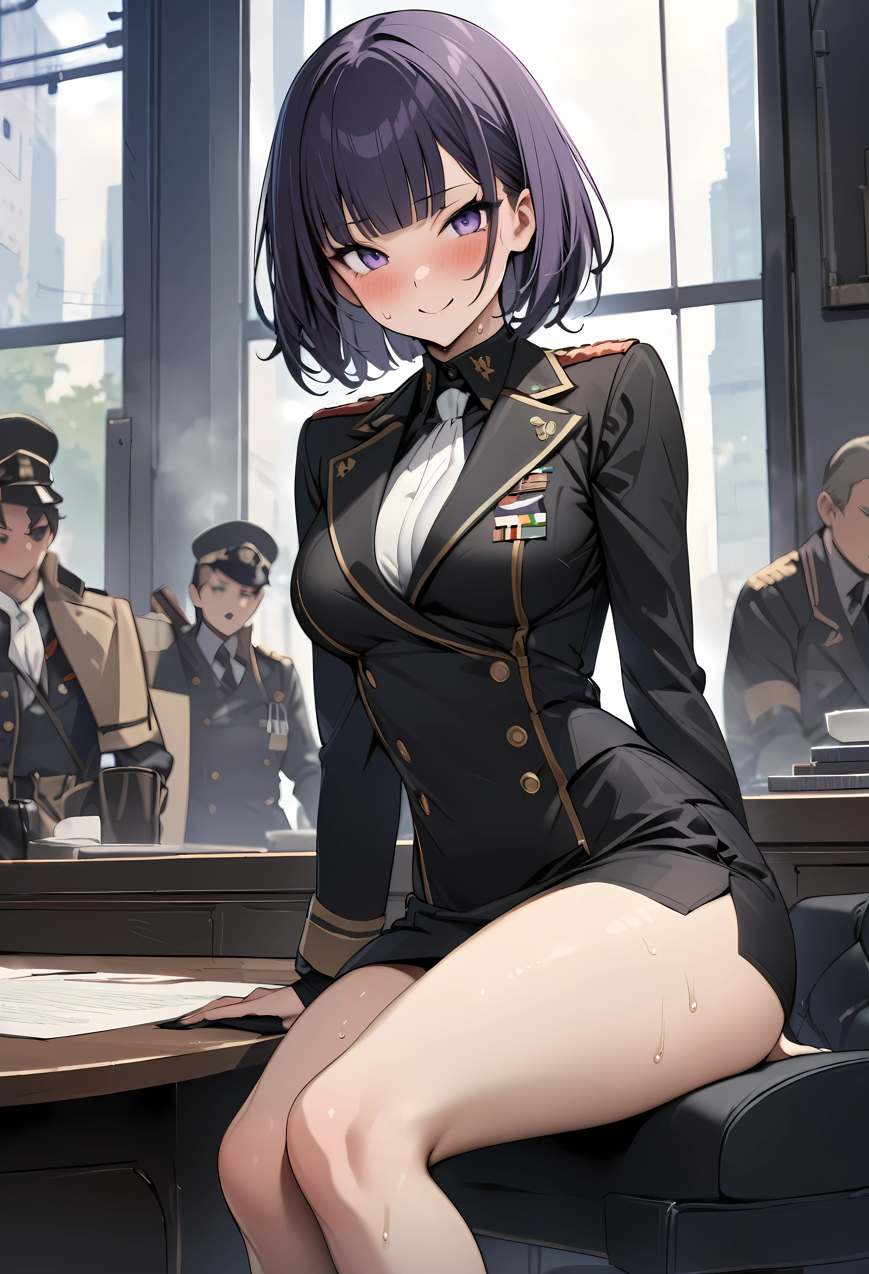 (((masterpiece, highest quality:1.3))),cowboy shot,20 year old beauty,female soldier, ((Navy officer in black uniform、Blazer jacket、Black tight mini skirt)),solo,((very small head)),dark purple hair,short bob hair,blunt bangs,purple eyes,blush,smile,medium breasts,((very long body,slender body)),skinny,gleaming skin,oily skin,sweat,sitting、conference room、、taisho steampunk、Tokyo in the Taisho era、