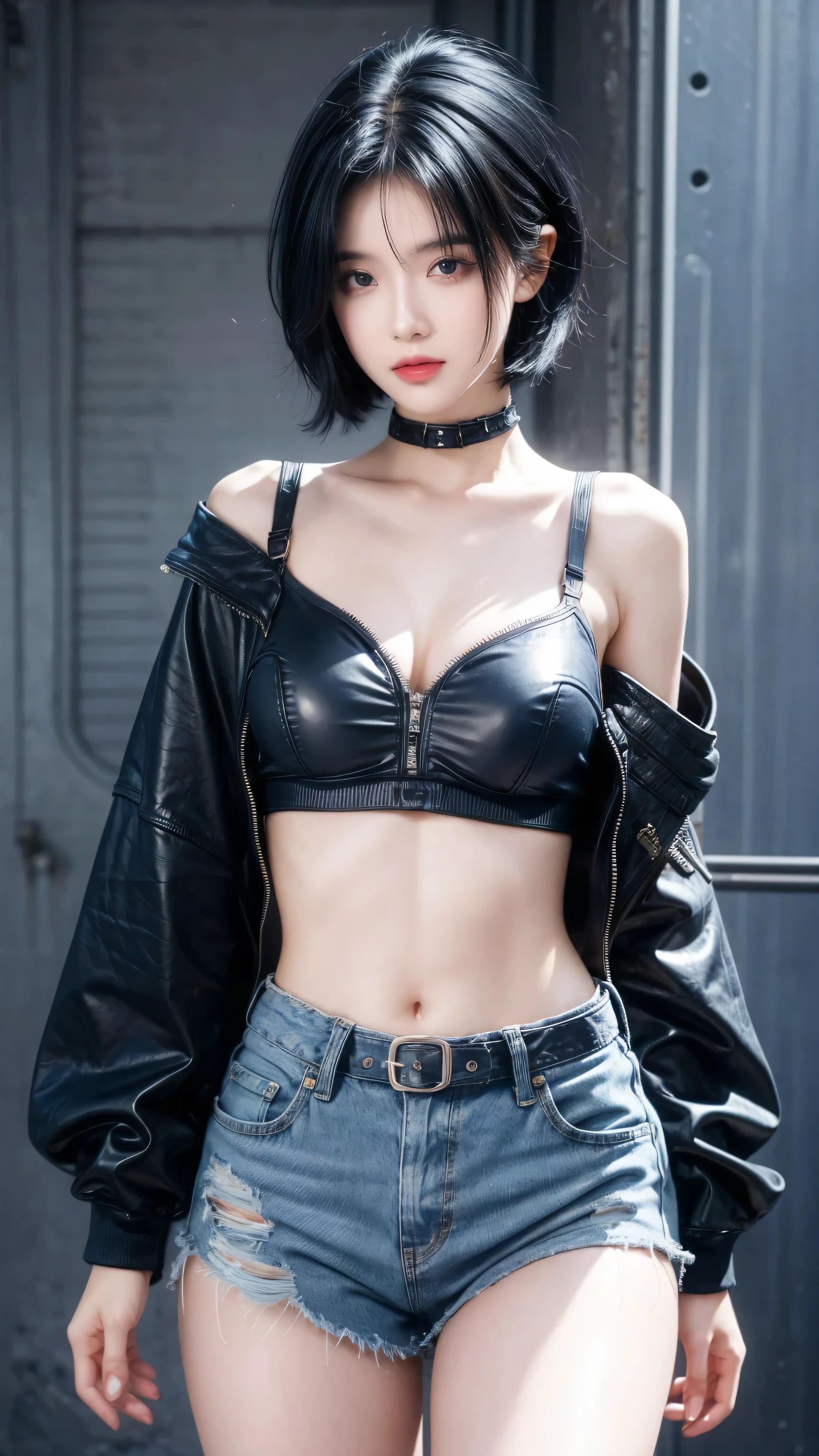 best quality, 1 Girl, dark blue hair, black eyes, Very short hair, Spiky hair, Crop Top Drape, , High waist short jeans, 171 cm, Messy hair, Hair between the eyes, Medium breasts, full, Tomboy, aldult, 20 years old, 1 Girl near blue motorcycle