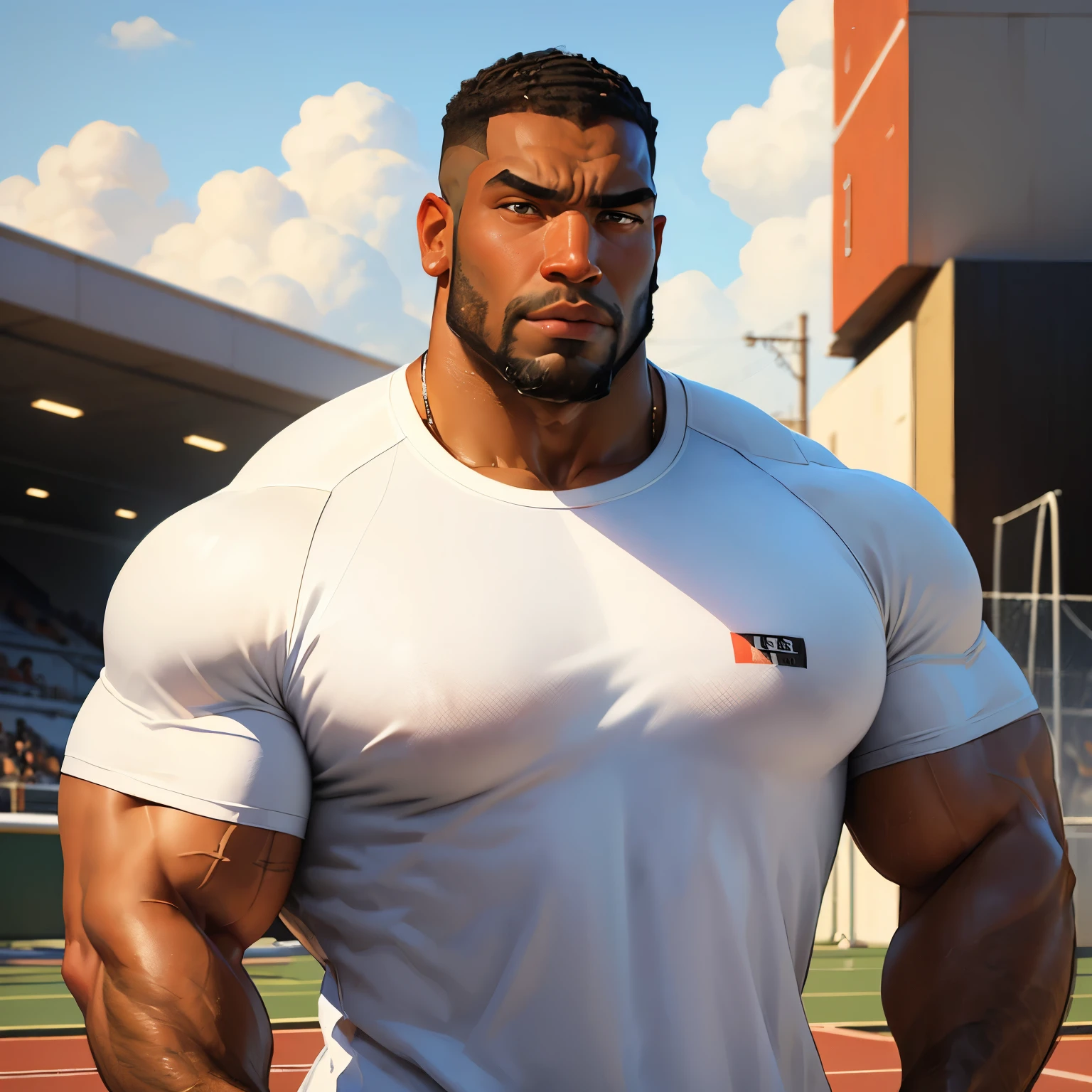 an exaggeratedly muscular and large bodyguard, beefy build, beard, dark-skinned african american male, buzzcut hair with square line, (confused expression: 1.2), (wearing white raglan shirt: 1.2), (bara pecs: 1.3), beefy pecs, (arm and chest hair: 1.2), portrait HD, (outdoor track field)