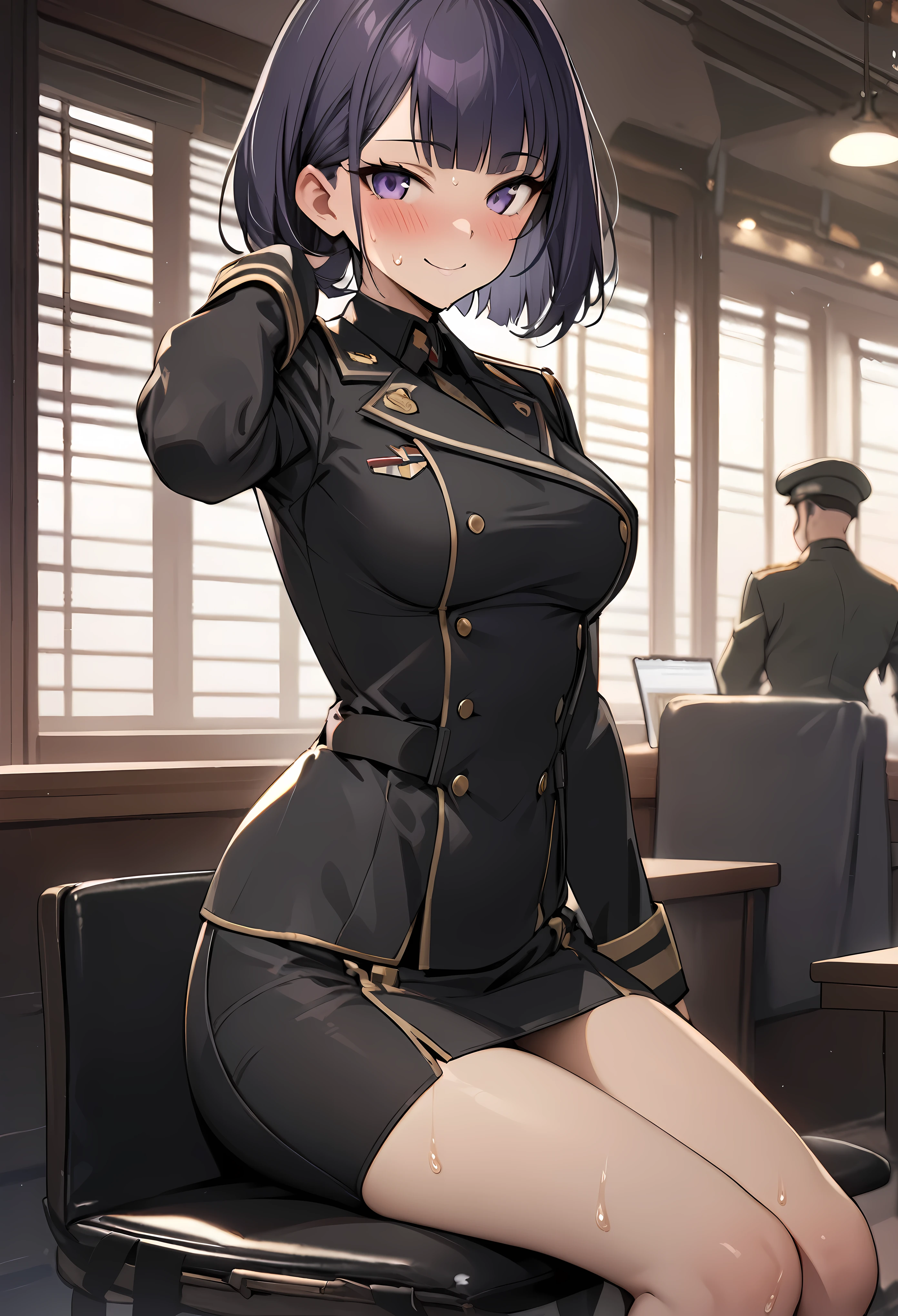 (((masterpiece, highest quality:1.3))),cowboy shot,20 year old beauty,female soldier, ((Navy officer in black uniform、Blazer jacket、Black tight mini skirt)),solo,((very small head)),dark purple hair,short bob hair,blunt bangs,purple eyes,blush,smile,medium breasts,((very long body,slender body)),skinny,gleaming skin,oily skin,sweat,sitting、conference room、、taisho steampunk、Tokyo in the Taisho era、