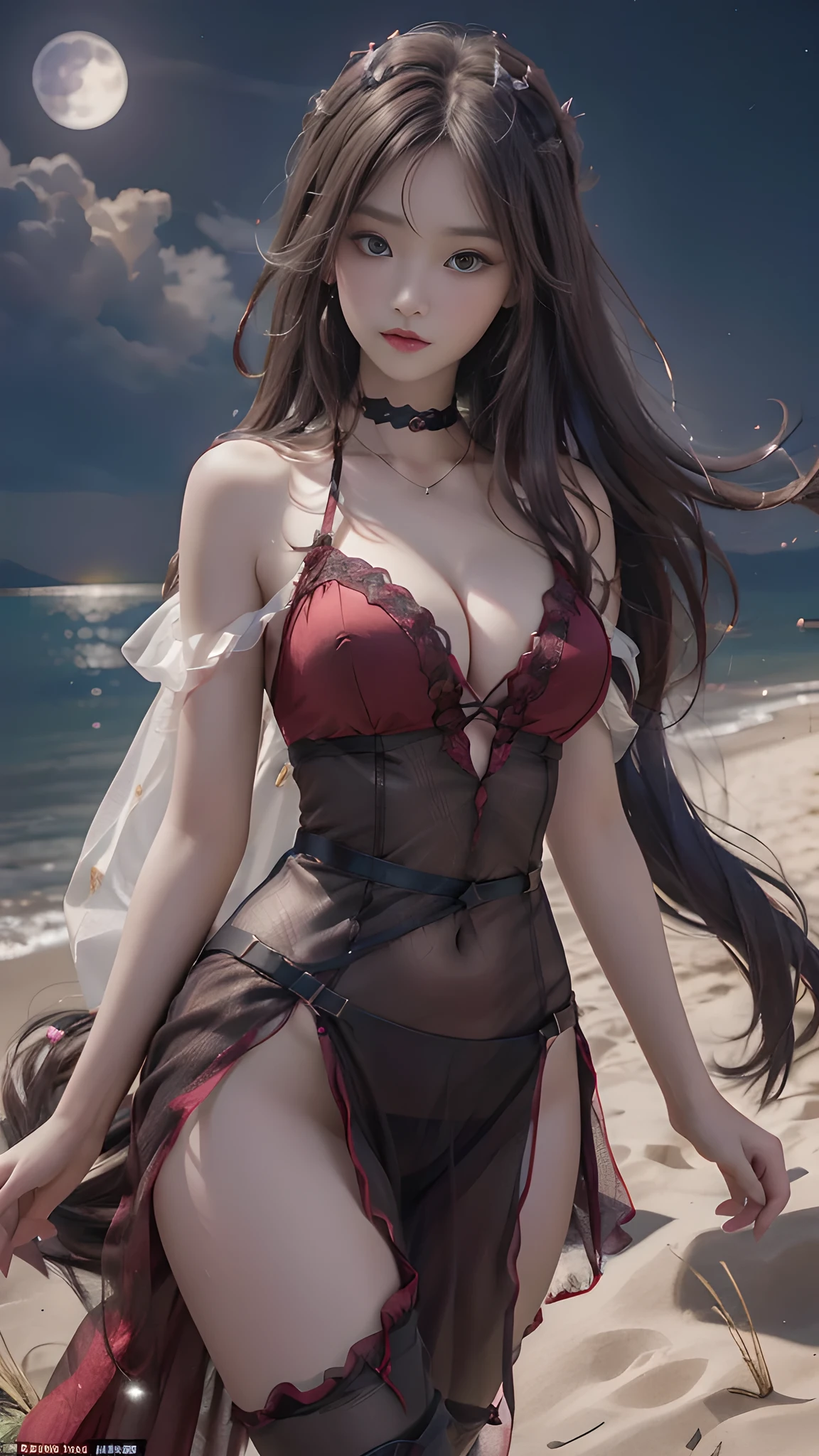full hd 8k, Girl standing in front of a dark night scene, full moonlight reflecting on her beautiful face. Her long, silky hair was gently blown by the night wind, creating a gentle and romantic feeling. She is walking on a large beach. She looked up at the starry sky, as if searching for something, her eyes showing a pensive and lonely look. The full moon shines in the night sky creating a beautiful scene. The girl has long, silky hair, creating a luxurious and noble beauty. The moonlight shines on the girl's delicate face, highlighting her large, round light brown eyes, creating a natural, gentle beauty. She wore a little sexly red dress to create a sexy beauty. Her plumble breasts were exposed, revealing her plumble and extremely sexy breasts. These images capture detailed panoramic portraits and views of the sky and sea. All create a beautiful, wonderful picture that makes people unable to take their eyes off the scene. All of these details are depicted clearly and sharply, creating sexyly poses,