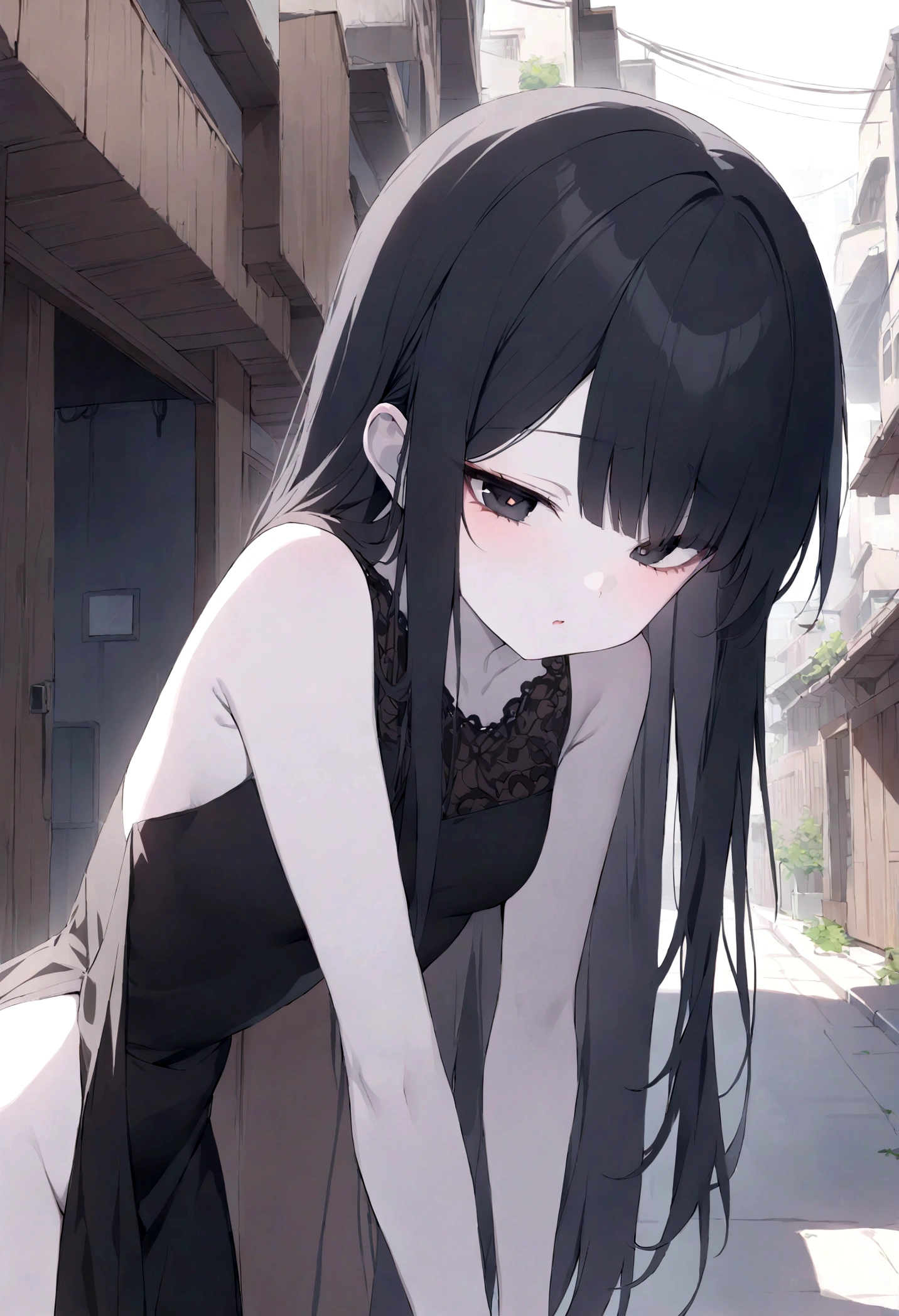 detailed, (masterpiece:1.2), (pale_skin:1.2), (alone:1.2), (woman), thin, (Shine_eye), Long Hair, bangs, Black Hair, Outdoor, No sleeve, black eye, wood, building, City、An alley with little traffic、eyeの間の毛、Naughty expression、Mocking look、eyeが光る