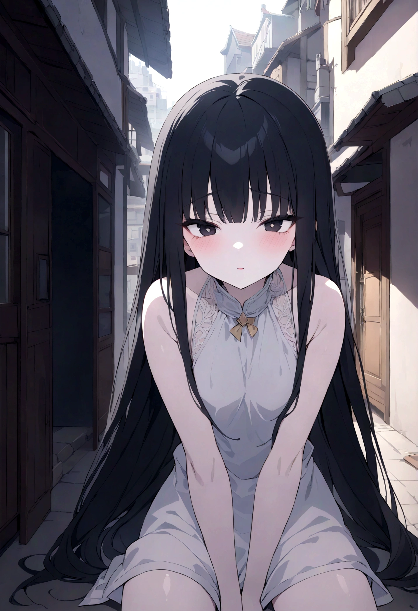 detailed, (masterpiece:1.2), (pale_skin:1.2), (alone:1.2), (woman), thin, (Shine_eye), Long Hair, bangs, Black Hair, Outdoor, No sleeve, black eye, wood, building, City、An alley with little traffic、eyeの間の毛、Naughty expression、Mocking look、eyeが光る