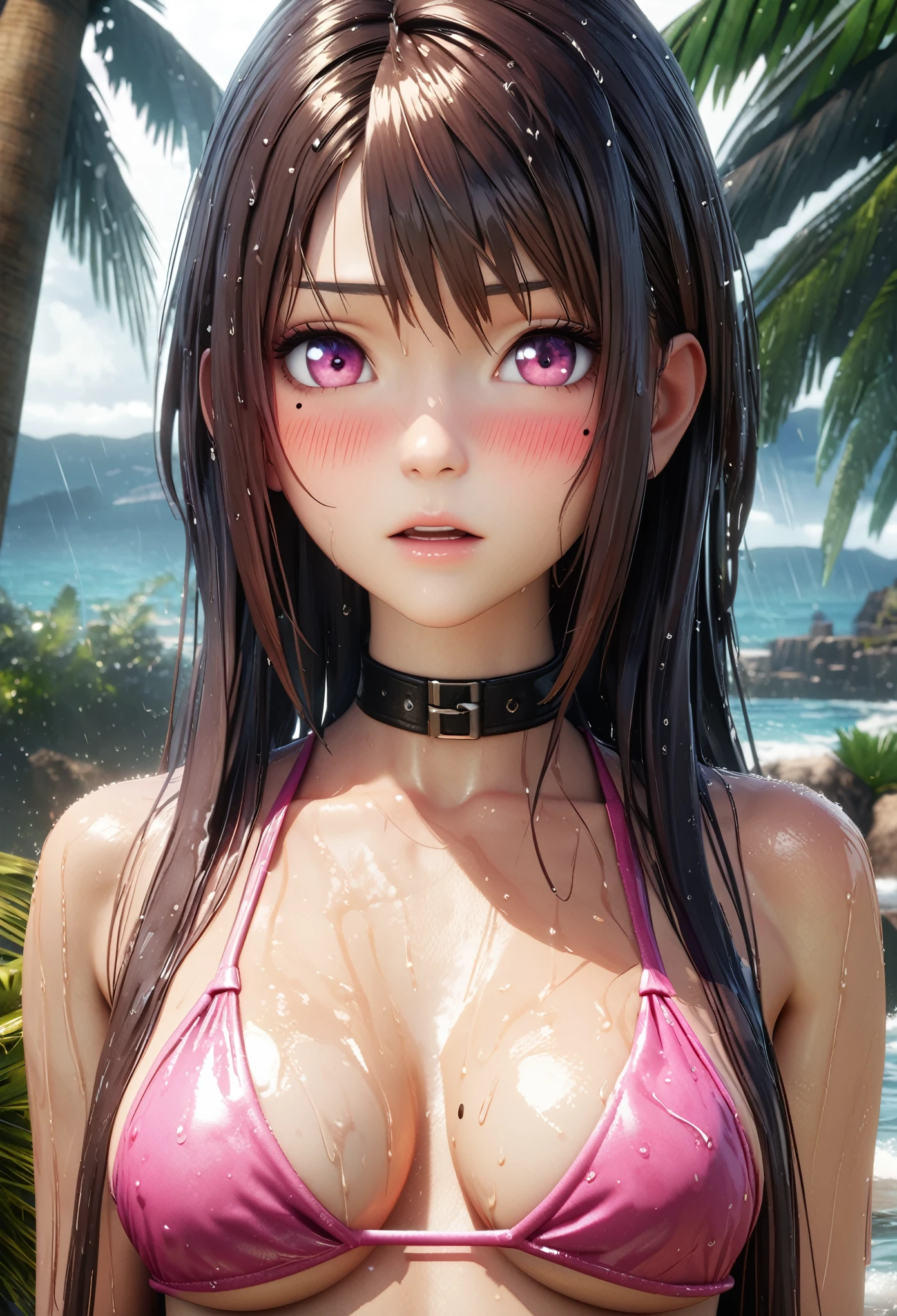 masterpiece, best quality, highly detailed, high resolution, expensive resolution, high resolution, 4k, 8k, Unity 8k wallpaper, highly detailed CG, masterpiece, 2d, 3d, beautiful details, depth, fine texture, best quality: 1.3, fully focused, crispy skin, him, very cute anime girl, bikini, Heavy rain, squall,big boobs, expensive pink medium long hair, heavy rain, squall, soaking wet hair, soaking wet only daughter, palm trees, seaside, mole under eye, looking at the viewer, expensive, blush, mole, open lips, heart, pink eyes, choker