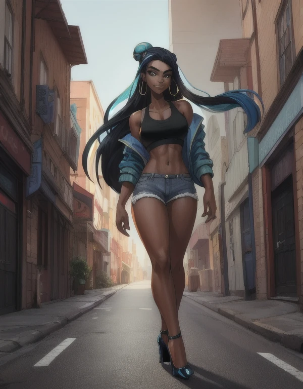 masterpiece, best quality, highly detailed, 12k hdr, (Detailed face:1.2), (Detailed eyes:1.2), 1girl, solo, nessacasual, dark-skinned female, dark skin, aqua eyes, long hair, black hair, blue hair, aqua hair, multicolored hair, two-tone hair, hair bun, single hair bun, eyeshadow, slim feminine figure, medium breasts, arrogant smile, opened blue jacket, black tank-top, ((midriff)), cleavage, denim short-shorts, white high-heels, hoop earrings, walking, arms to the side, cowboy shot, full body, cinematic composition, outdoors, city street
