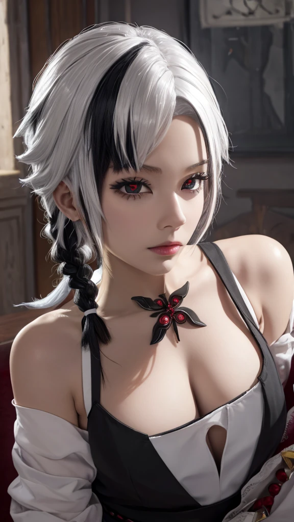 Special clothing 39,Maid,Midway Portrait,Best quality:1.4,Reality:1.4,Skin Texture:1.4,masterpiece:1.8,1 woman,Hips,beautiful eyes,White hair,Black Hair,Colorful Hair,short hair,Straight Hair,White hair long braid,Glowing red eyes,Red X pupil(focus), Jewelry,Tattoo,