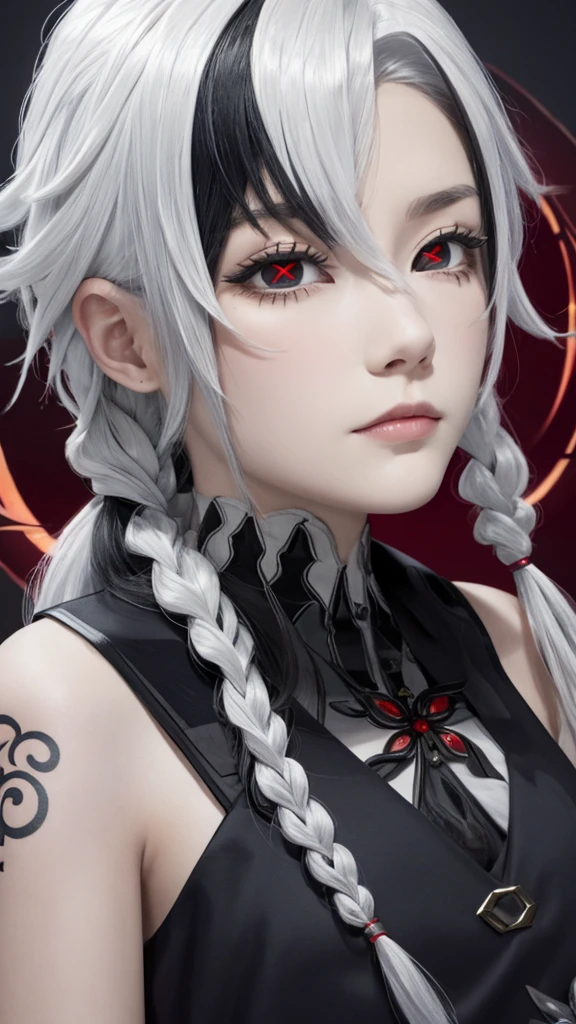 Special clothing 39，Maid，Midway Portrait，Best quality：1.4，Reality：1.4，Skin Texture：1.4，masterpiece：1.8，1 woman，Hips，beautiful eyes，White hair，Black Hair，Colorful Hair，short hair，Straight Hair，White hair long braid，Glowing red eyes，Red X pupil（focus), Jewelry，Tattoo，