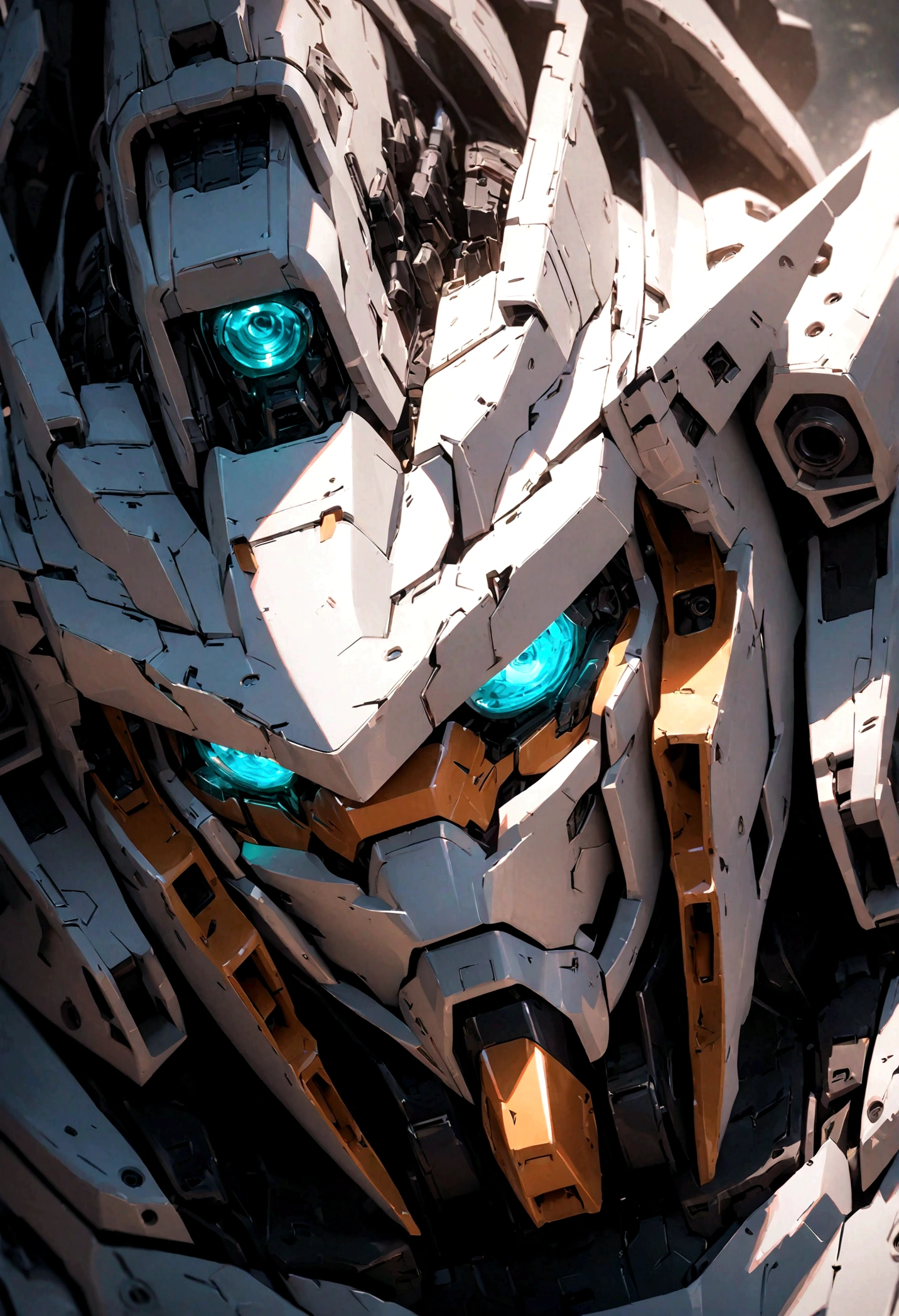 1 boy in a detailed Gundam mech suit, close-up portrait, stunningly detailed face and eyes, hyperrealistic, dramatic lighting, cinematic composition, highly detailed, intricate mecha design, industrial sci-fi, muted color palette, dramatic shadows, photorealistic, masterpiece