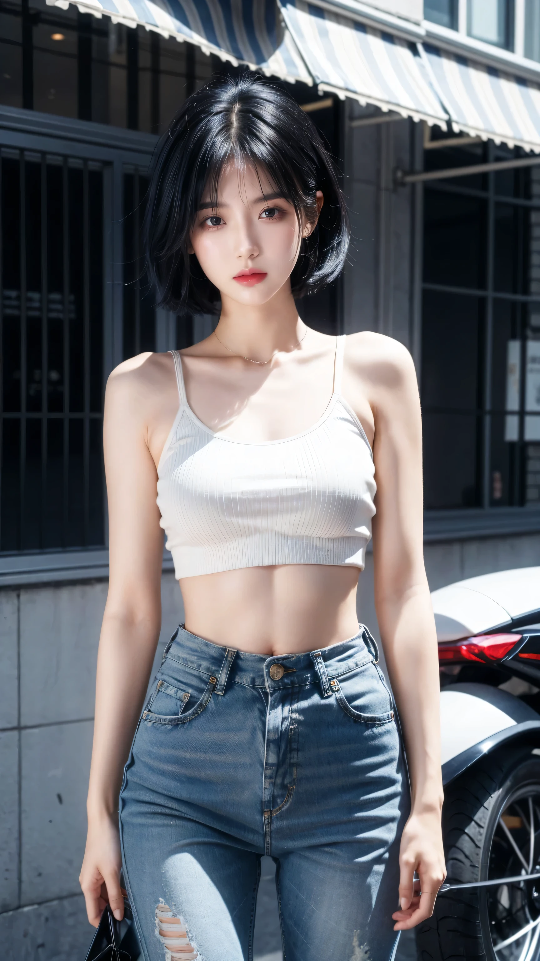 best quality, 1 Girl, dark blue hair, black eyes, Very short hair, Spiky hair, Crop Top Drape, , High waist short jeans, 171 cm, Messy hair, Hair between the eyes, Medium breasts, full, Tomboy, aldult, 20 years old, 1 Girl near blue motorcycle