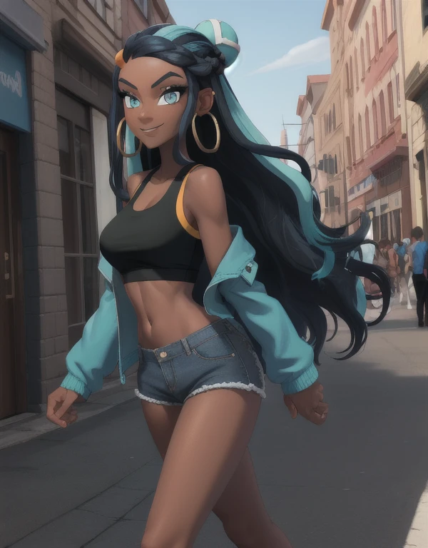 masterpiece, best quality, highly detailed, (Detailed face:1.2), (Detailed eyes:1.2), 1girl, solo, nessacasual, dark-skinned female, dark skin, aqua eyes, long hair, black hair, blue hair, aqua hair, multicolored hair, two-tone hair, hair bun, single hair bun, eyeshadow, slim feminine figure, medium breasts, arrogant smile, opened blue jacket, black tank-top, ((midriff)), cleavage, denim short-shorts, white high-heels, hoop earrings, walking, arms to the side, full body, outdoors, city street
