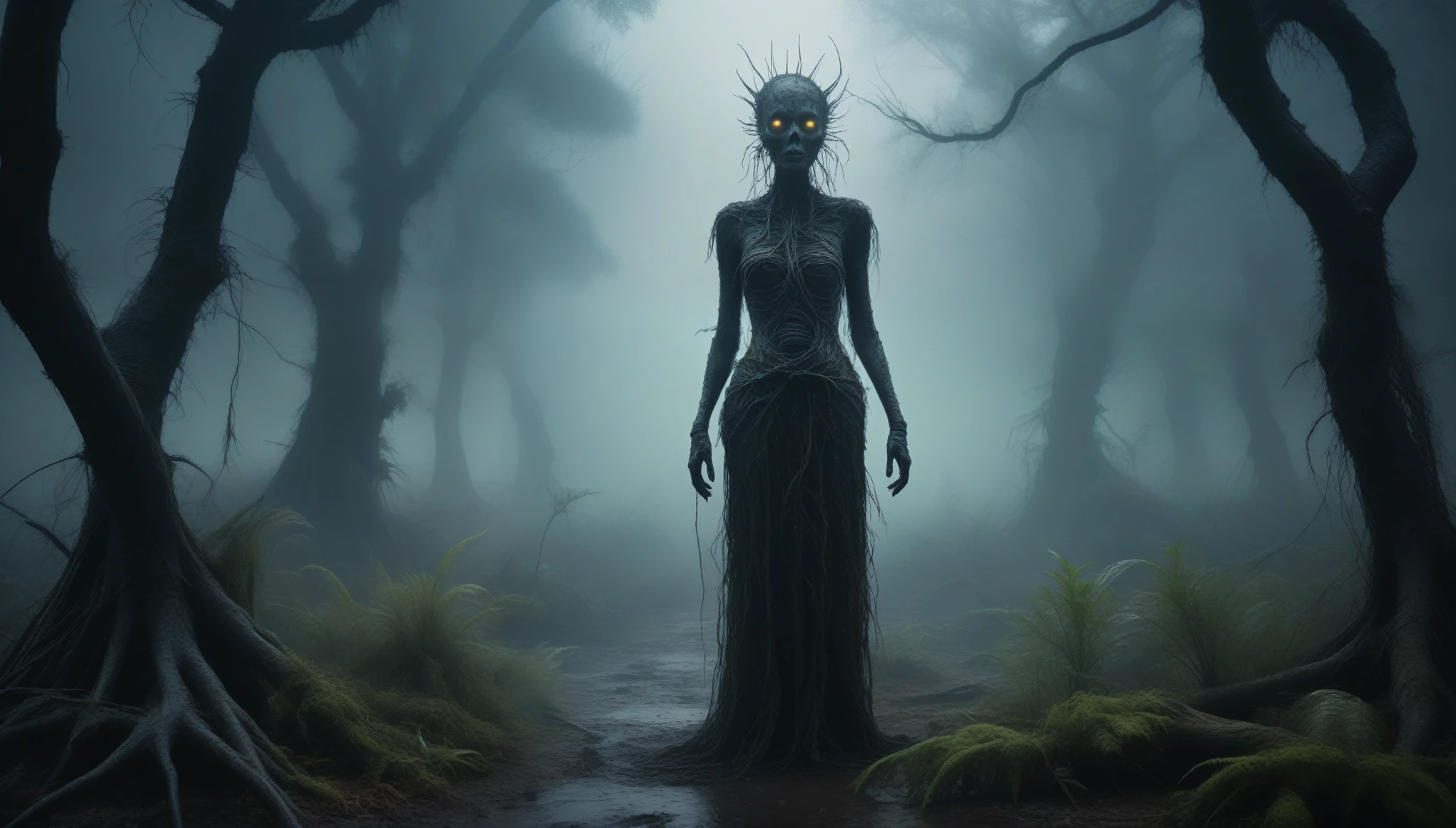 young graphite witch's mummy made of dead plants crawling out foggy Louisiana forest, radioactive atmosphere,steampunk dark horror fantasy, ominous landscapes,large number of stars fly towards the viewer,radioactive world,ruined theme,lots of toxic dust,full body length shot,once pretty face,full body length, eerie atmosphere, ethereal presence, toxic mists, supernatural entities, sinister aura, dark and twisted branches, macabre elements, eerie and ominous lighting,Complicated detail,captivating creation,intricate details,extremely detailed,masterpiece,intricate details,dark cooper eyes extremely detailed, high detailed eyes,32k resolution, Nikon Z9,like Stone Forest in Yunnan Province of China,Simon Stalenhag,Nicola Samori,Wangechi Mutu, horror movie, Alien invasion,Background of insanity, ultra detailed, photorealistic, In a Tim Burton,matter plants regaining territory