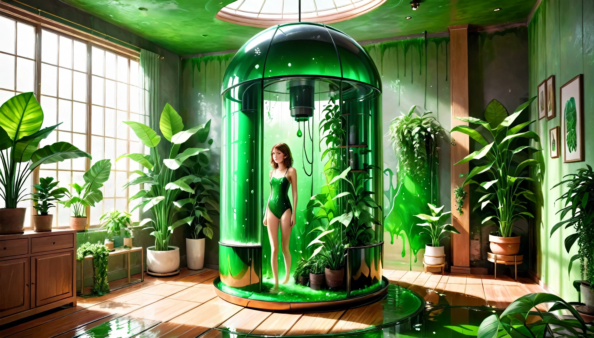 A tall brown-haired model is bathed in an emerald green liquid in a culture capsule in the middle of a room full of houseplants.