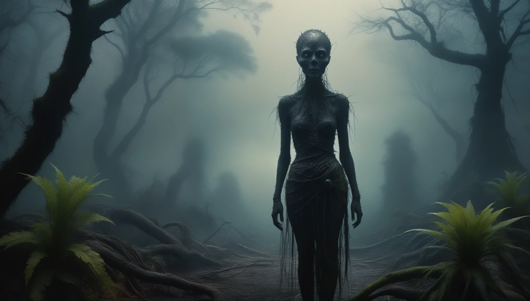 young graphite witch's mummy made of dead plants crawling out foggy Louisiana forest, radioactive atmosphere,steampunk dark horror fantasy, ominous landscapes,large number of stars fly towards the viewer,radioactive world,ruined theme,lots of toxic dust,full body length shot,once pretty face,full body length, eerie atmosphere, ethereal presence, toxic mists, supernatural entities, sinister aura, dark and twisted branches, macabre elements, eerie and ominous lighting,Complicated detail,captivating creation,intricate details,extremely detailed,masterpiece,intricate details,dark cooper eyes extremely detailed, high detailed eyes,32k resolution, Nikon Z9,like Stone Forest in Yunnan Province of China,Simon Stalenhag,Nicola Samori,Wangechi Mutu, horror movie, Alien invasion,Background of insanity, ultra detailed, photorealistic, In a Tim Burton,matter plants regaining territory