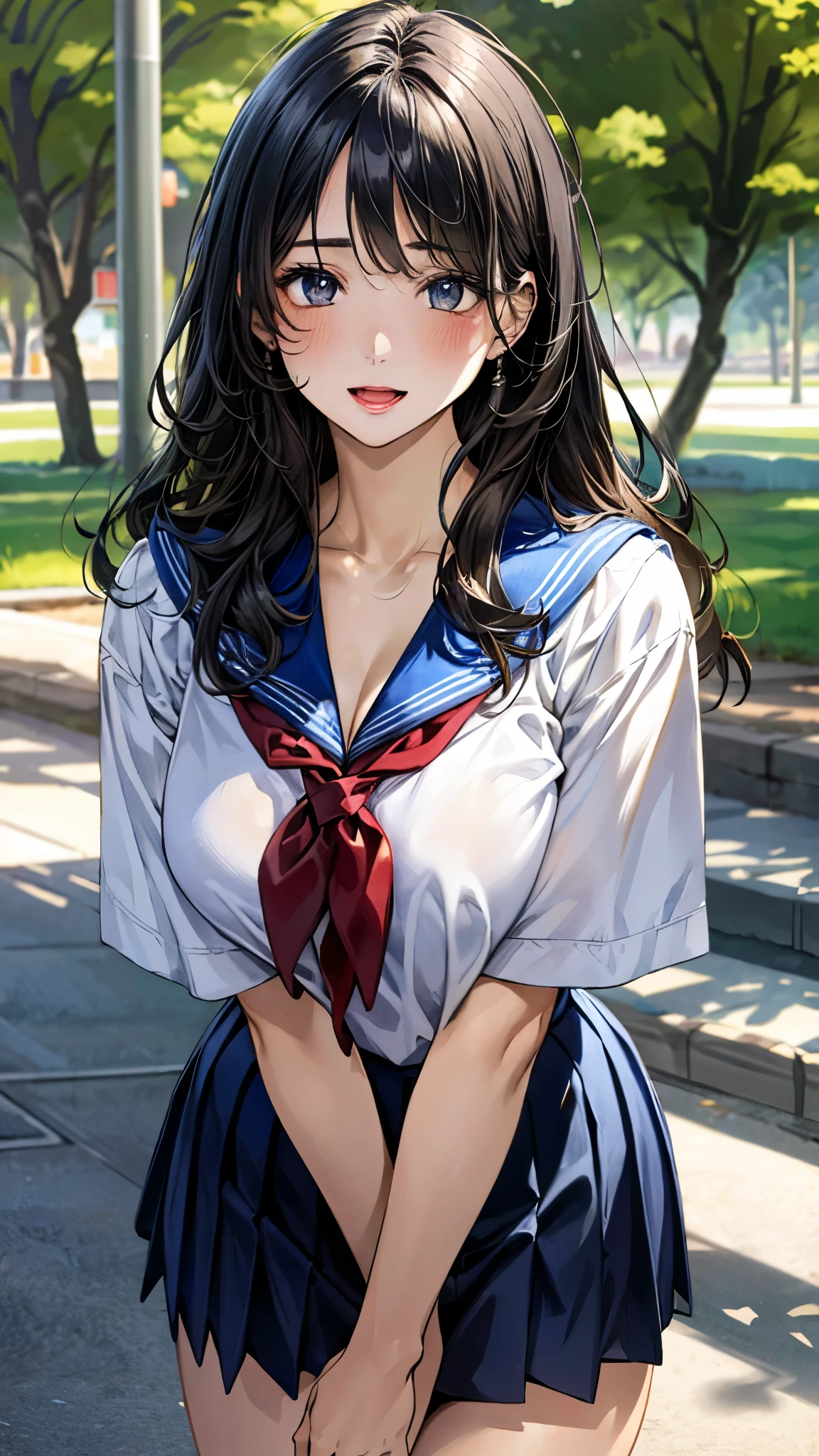 (masterpiece:1.3, top-quality, ultra high res, ultra detailed), (realistic, photorealistic:1.4), beautiful illustration, perfect lighting, natural lighting, colorful, depth of fields, ,
beautiful detailed hair, beautiful detailed face, beautiful detailed eyes, beautiful clavicle, beautiful body, beautiful chest, beautiful thigh, beautiful legs, beautiful fingers, shiny skin,
looking at viewer, 1 girl, high school girl, (perfect anatomy, anatomically correct, super detailed skin), cute and symmetrical face, babyface, perfect face, perfect eyes, perfect body,
(long hair, messy hair, black hair), bangs, black eyes, blue eyes, drooping eyes, long eyelashes, (large breasts:0.9, seductive thighs), curvy,
(detailed cloth texture), blue sailor suit, pleated skirt, ,
(beautiful scenery), summer, evening, (school yard:1.2), standing, (nervous, half-open mouth),