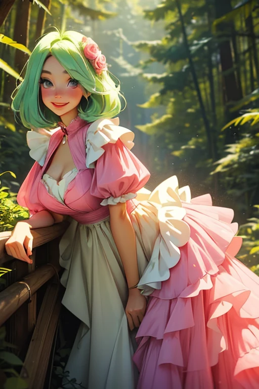 A light green haired woman with pink eyes and an hourglass figure in a pink lolita dress is smiling while leaning forward with a blush in the forest