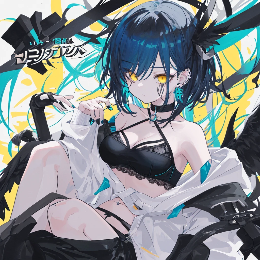 An anime girl with, short, dark blue hair with teal parts, piercing yellow eyes, a bridge piercing along with many piercings on her ears. She wears all black, with subtle highlights of teals and yellows. Her top was a black bra like top, with a black thing draped over her shoulders. She is a fallen angel, black wings and a black shattered halo. She is also missing their left arm and her bangs cover her left eye. A scar on her the right side of her cheek. Only have one person in photo not two. 