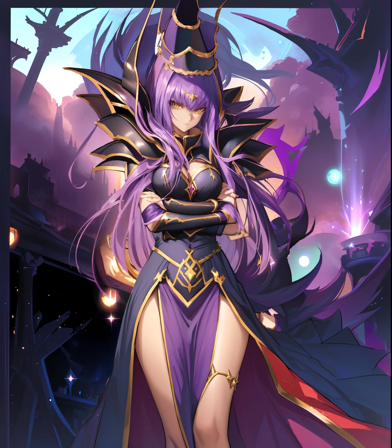 Anime character wearing a purple dress and black cape, hechicera oscura full view, princesa elfa oscura, personaje de bruja oscura, hechicera oscura, caballeros de la chica del zodiaco, Princesa de la oscuridad, hechicera malvada, hechicera oscura fullbody pose, a beautiful fantasy empress, bruja hechicera supervillana, /!\ la hechicera