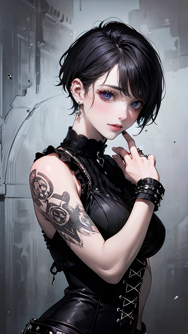 (masterpiece:1.2, highest quality), (realistic, photorealistic:1.4), beautiful illustrations, (natural side lighting, movie lighting),
looking at the viewer, Upper body, (Front view), 1 girl, perfect face, Cute symmetrical face, shiny skin, , long eyelash, (medium breasts), (wide hips:1.2),short cut hair,
beautiful hair, beautiful face, detailed and beautiful eyes, beautiful body, beautiful breasts, beautiful thighs, beautiful feet, beautiful fingers,
(beautiful scenery),(cute smile:1.3, upper eye), 18yo,pale skin,a woman in black corset and goth hair, with piercings, 1girl, solo, black hair, short hair, ring,(pierce:1.5),(punk style:1.5),(gothic dress),(black lips:1.5),