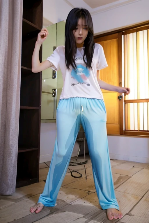 Japanese Girl thin body wearing a white short-sleeved t-shirt sees the ghost and pees her light blue loose pajama pants until his pants are wet pants in fright.