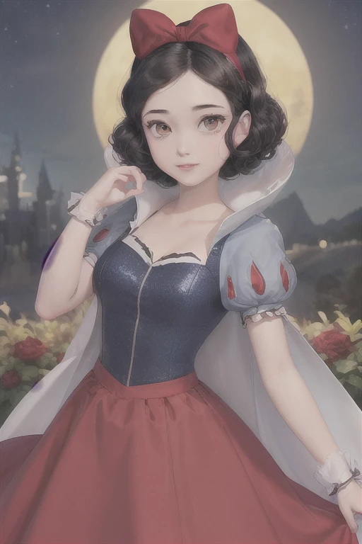 ((masterpiece:1.2), best quality, highres, ultra-detailed), solo, 1girl, (SnowPrincessw,snowwhite from disney,beautiful skin:1.2),(drooping eyes:1.4), (18 years old,big breasts,brown eyes,large eyes,black hair,retro curly bob:1.1),elegant face,(red headband with a red ribbon in the center:1.3),
princess,red cloak,(dress,skirt), cowboy shot,
looking at viewer, (outdoor,at night,castle:1.2)