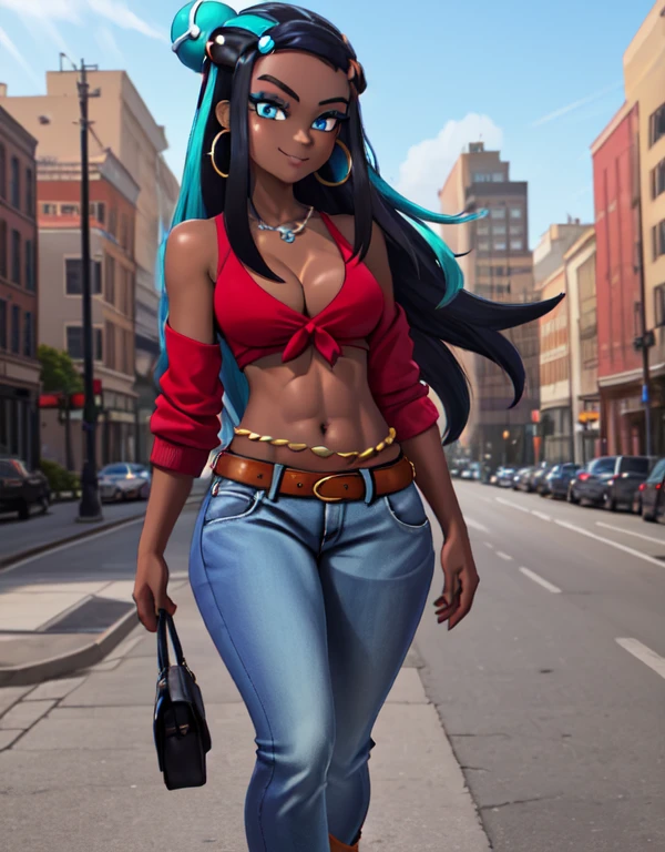 masterpiece, best quality, highly detailed, 12k hdr, (Detailed face:1.2), (Detailed eyes:1.2), 1girl, solo, (nessa_pokemon:1.3), dark-skinned female, dark skin, blue eyes, aqua eyes, long hair, black hair, blue hair, aqua hair, multicolored hair, two-tone hair, hair bun, single hair bun, eyeshadow, slim feminine figure, arrogant smile, medium breasts, looking at viewer, standing, opened red jacket, white tank-top, ((midriff)), cleavage, tight blue denim pants, belt, hoop earrings, black boots, walking, arms to the side, cowboy shot, full body, cinematic composition, outdoors, city street
