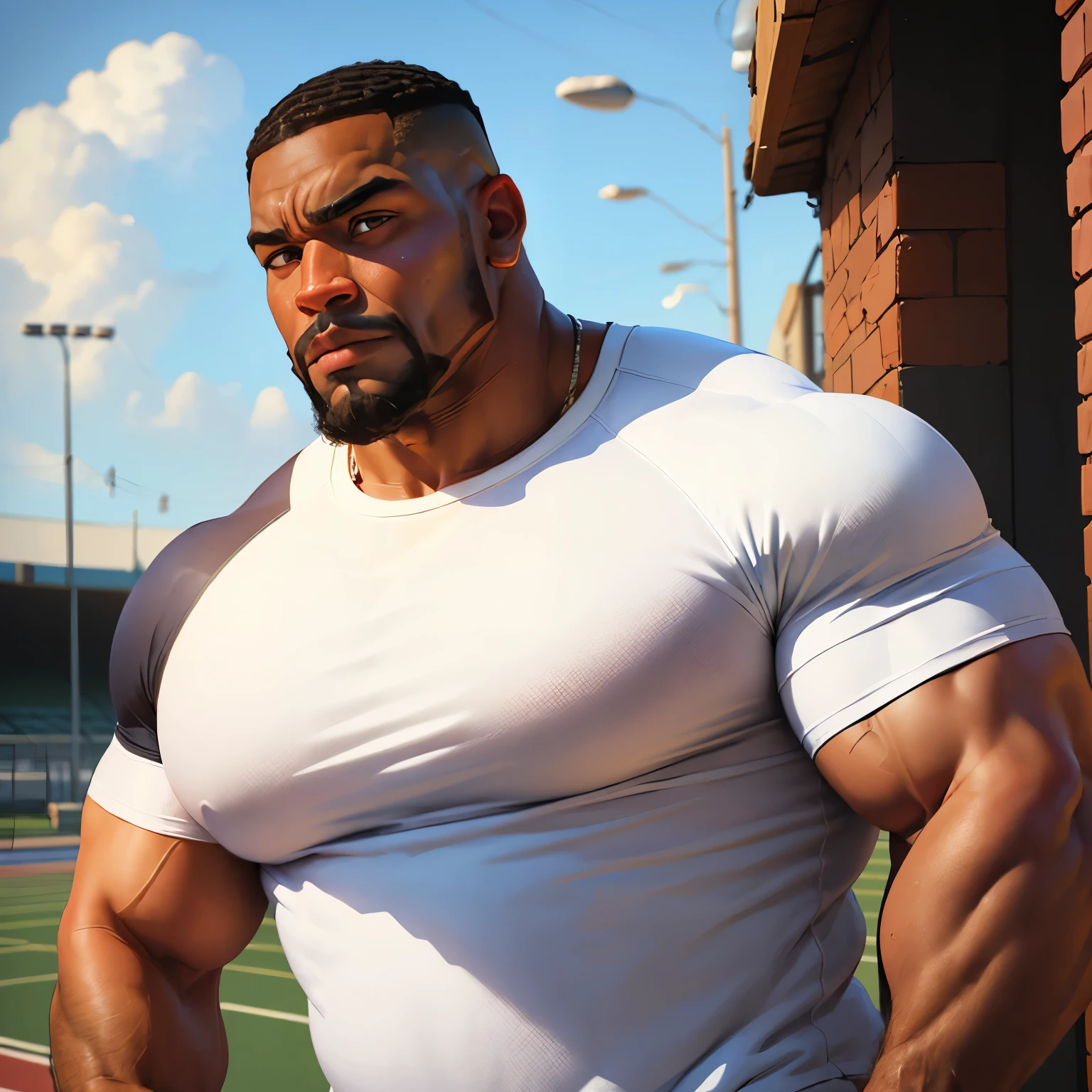 an exaggeratedly muscular and large bodyguard, beefy build, beard, dark-skinned african american male, buzzcut hair with square line, (confused expression: 1.2), (wearing white raglan shirt: 1.2), (bara pecs: 1.3), beefy pecs, (arm and chest hair: 1.2), portrait HD, (outdoor track field)